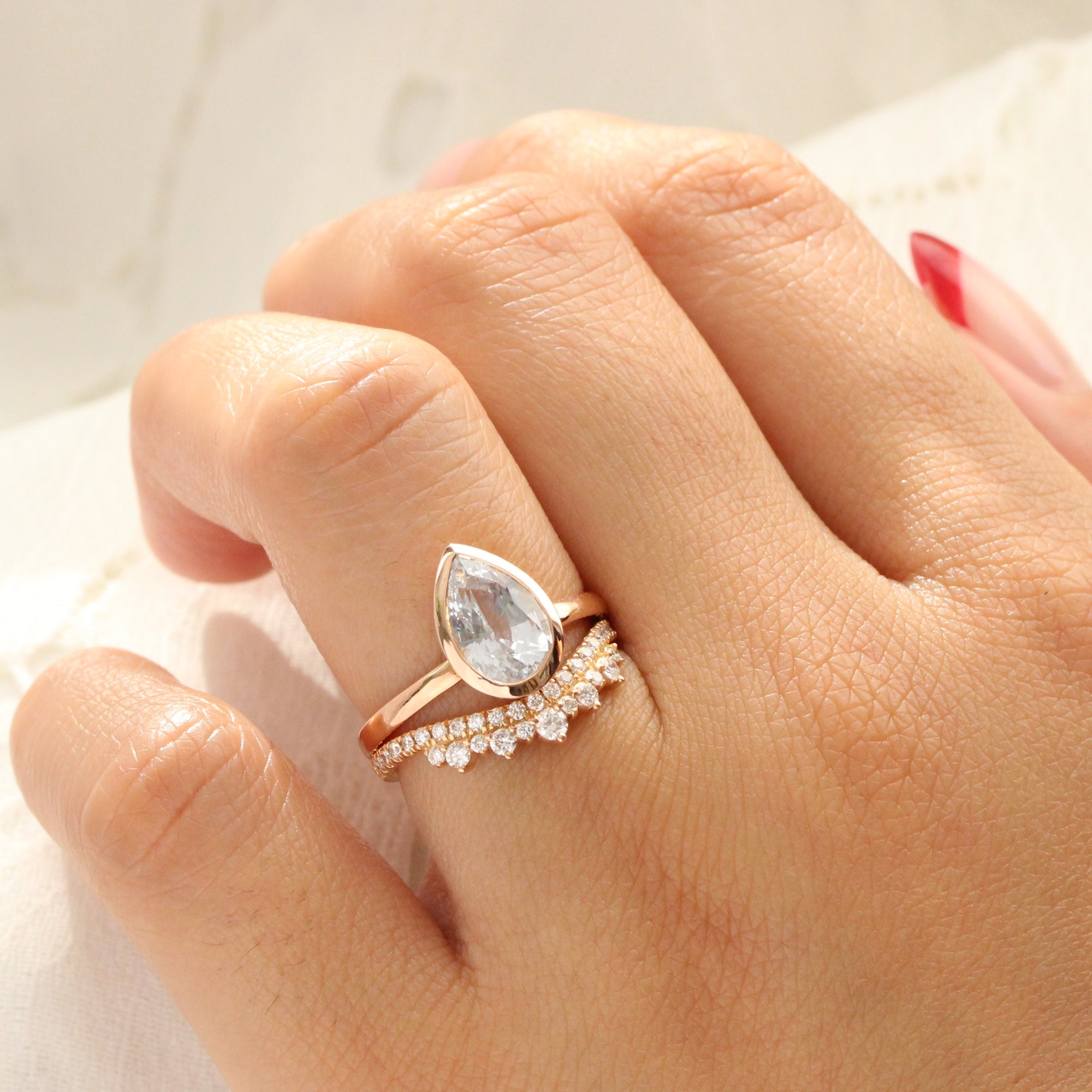 Pear aqua blue sapphire ring rose gold bezel solitaire ring la more design jewelry