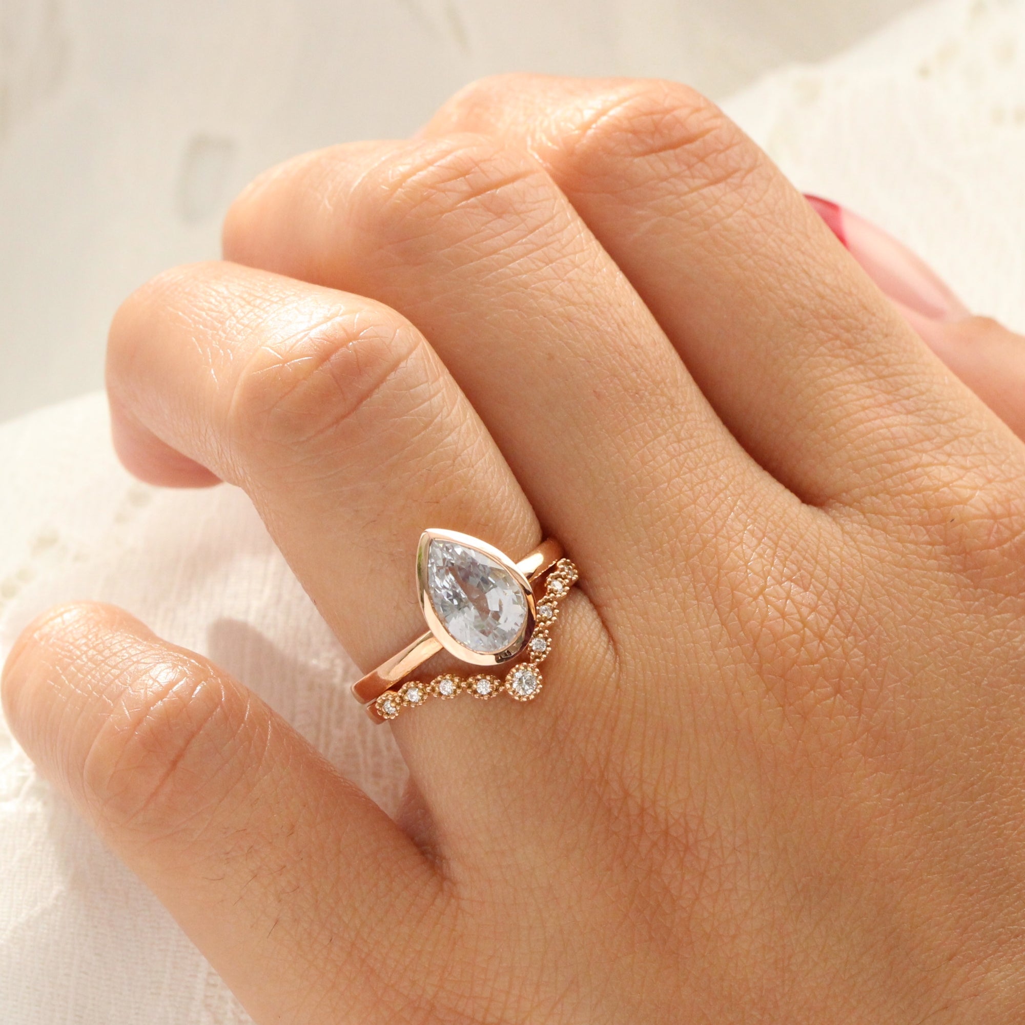 Pear aqua blue sapphire ring rose gold bezel solitaire ring la more design jewelry