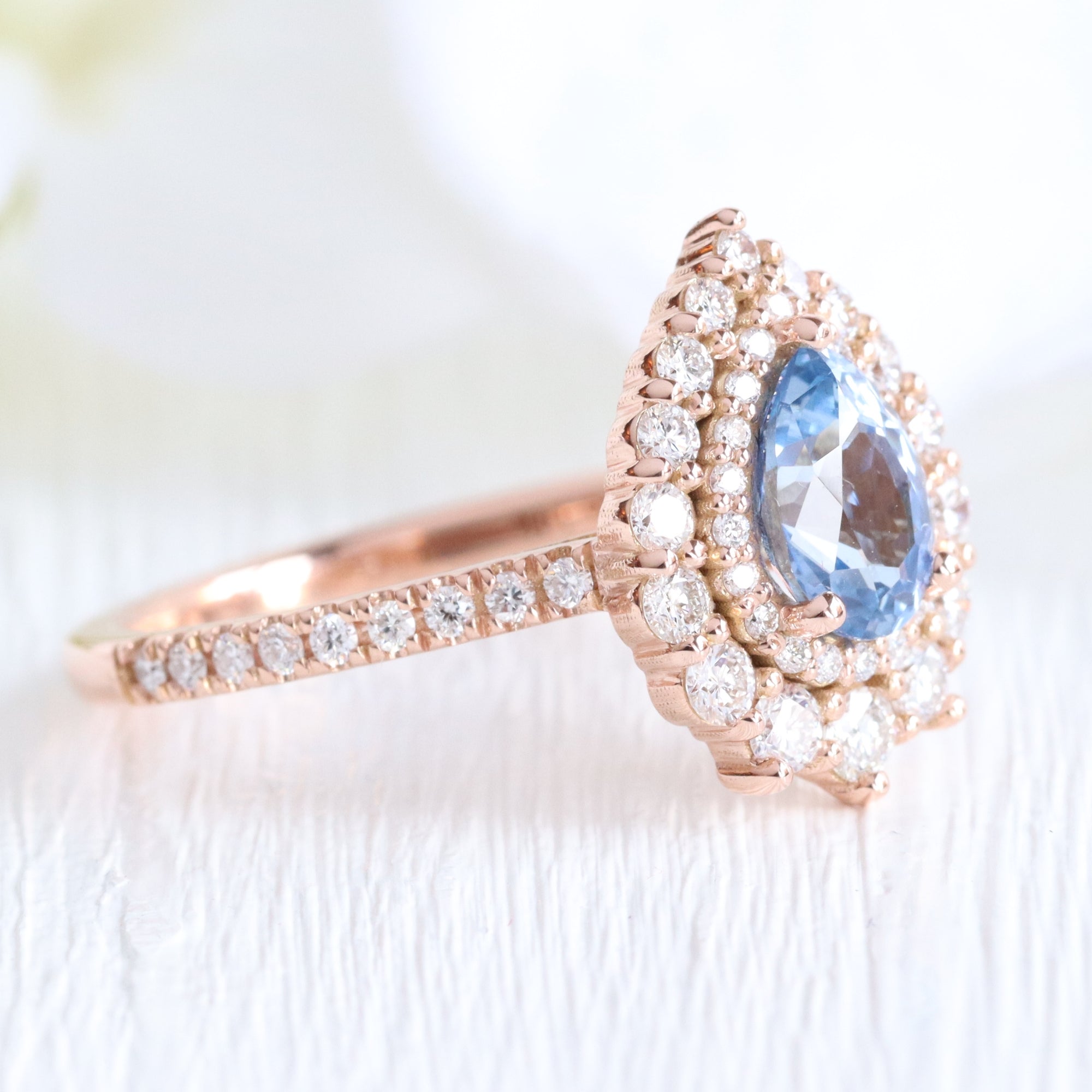Pear aqua blue sapphire ring rose gold double halo diamond engagement ring la more design jewelry