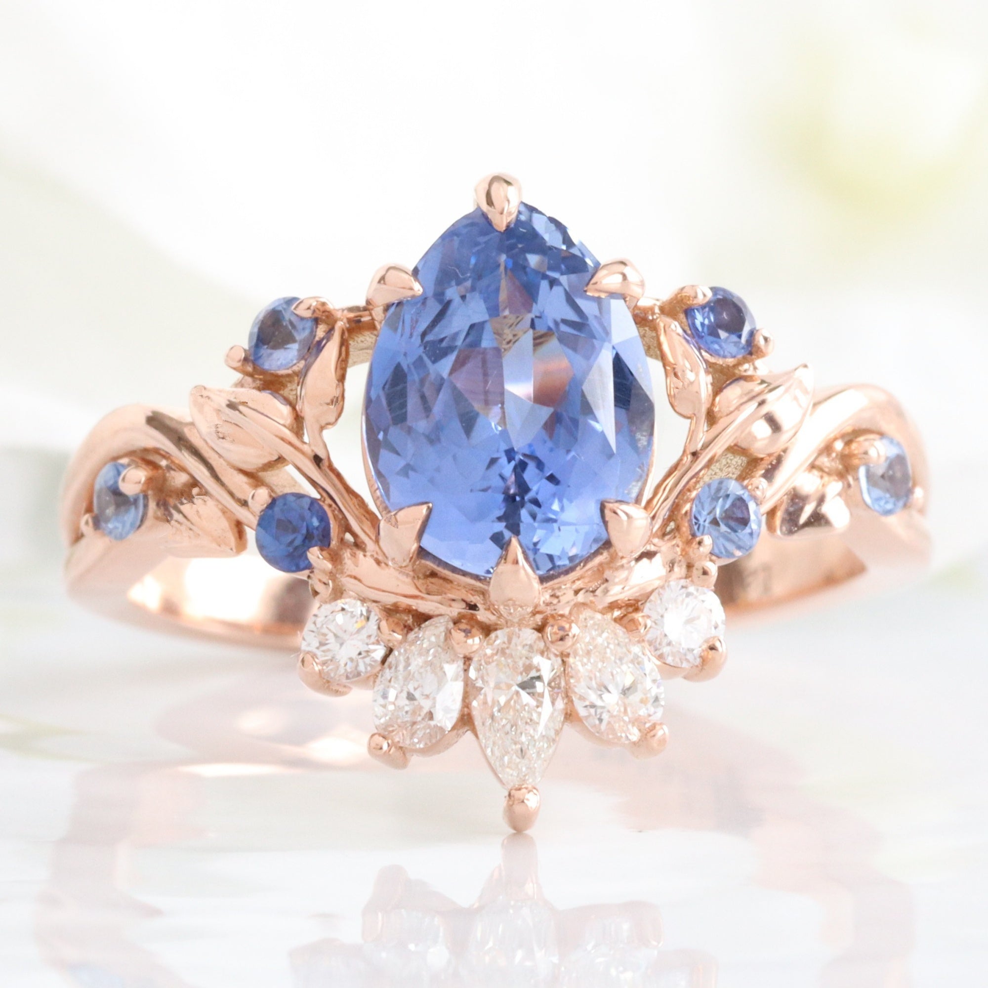 Pear aqua blue sapphire ring rose gold floral leaf diamond ring peacock ring la more design jewelry