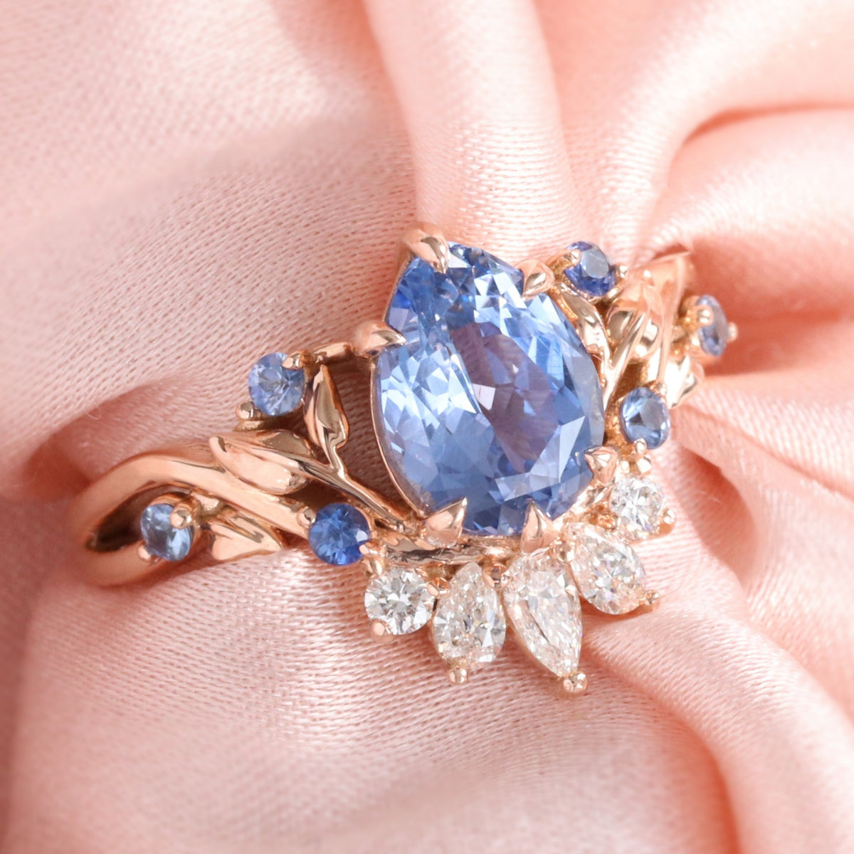 Pear aqua blue sapphire ring rose gold floral leaf diamond ring peacock ring la more design jewelry