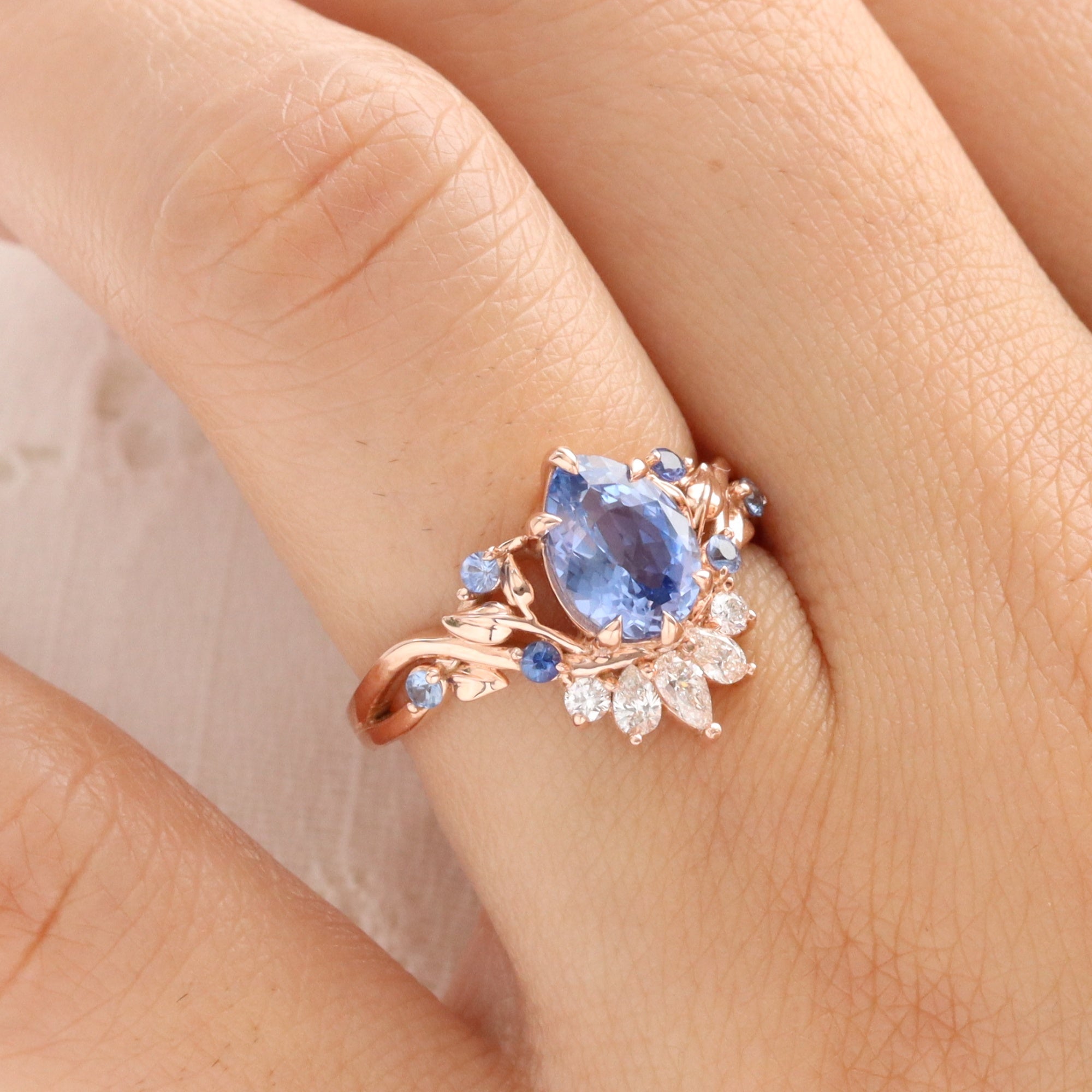 Pear aqua blue sapphire ring rose gold floral leaf diamond ring peacock ring la more design jewelry