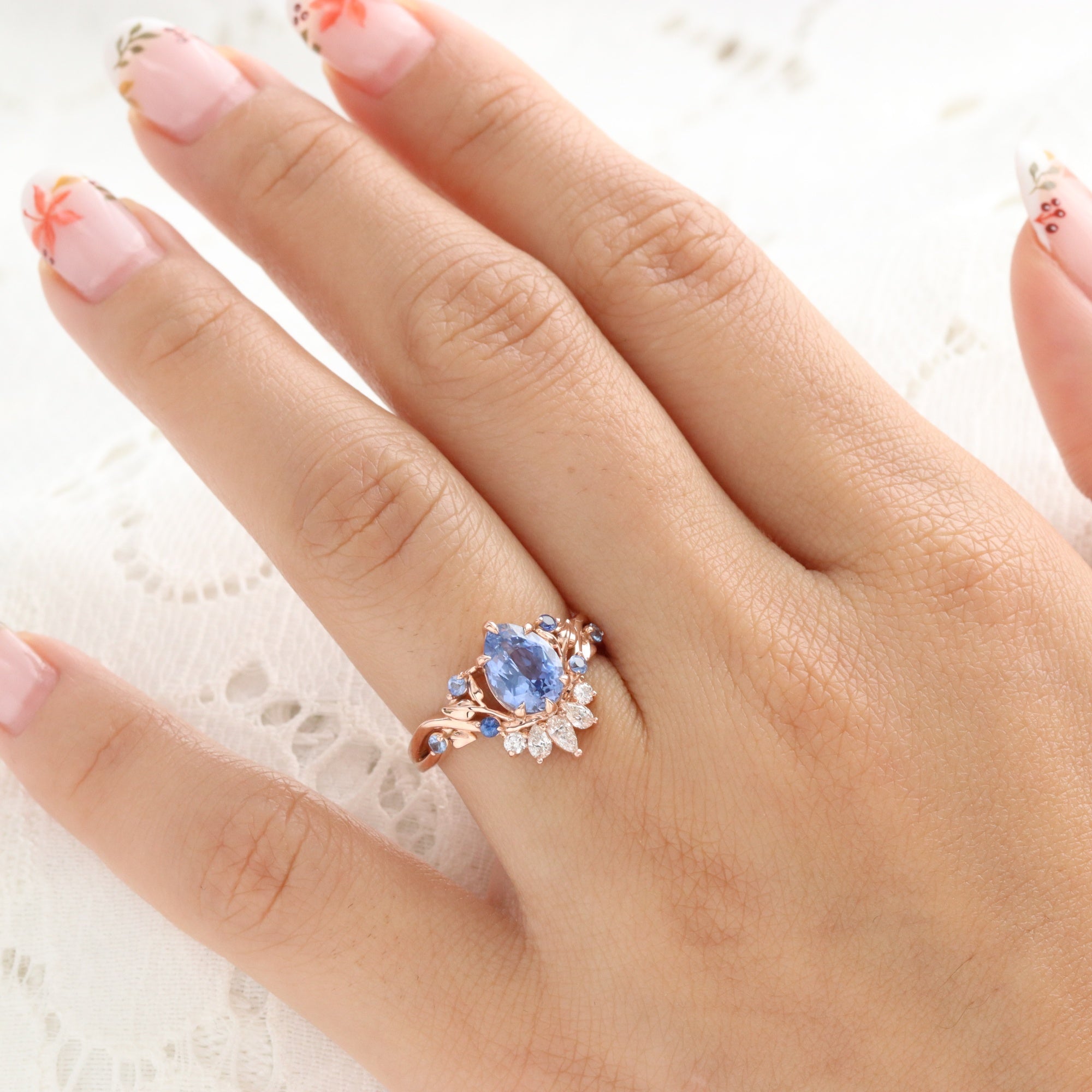 Pear aqua blue sapphire ring rose gold floral leaf diamond ring peacock ring la more design jewelry