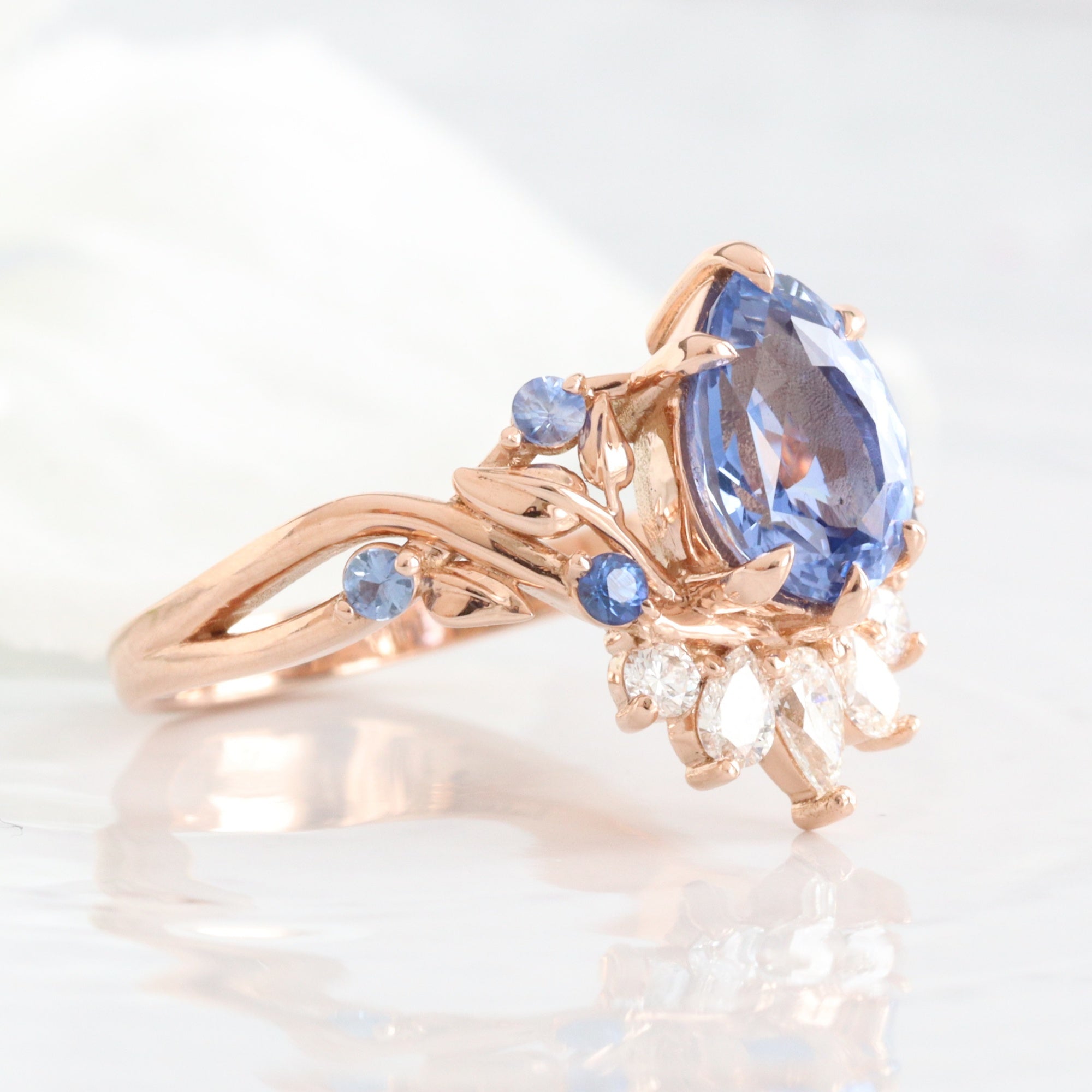 Pear aqua blue sapphire ring rose gold floral leaf diamond ring peacock ring la more design jewelry