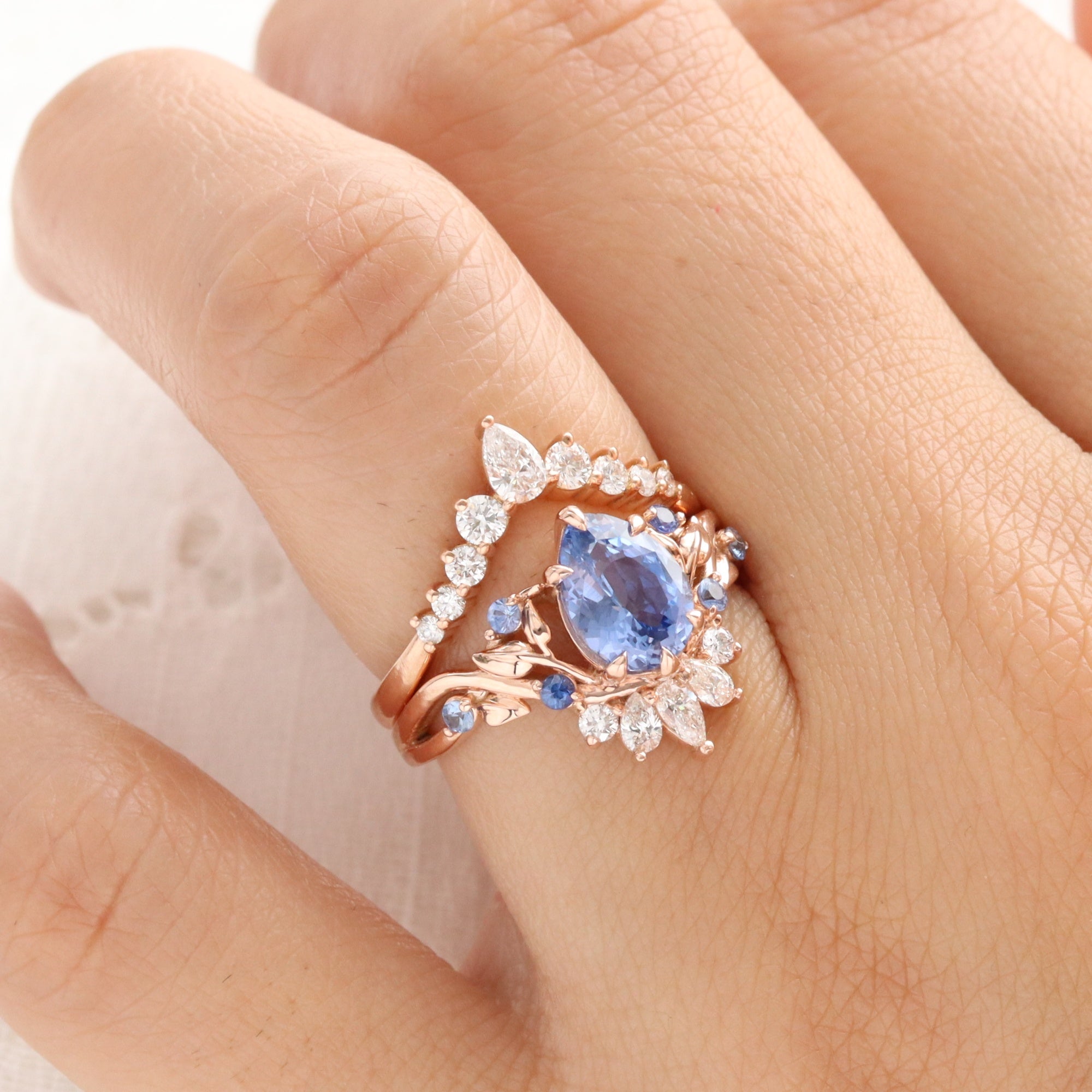 Pear aqua blue sapphire ring rose gold floral leaf diamond ring peacock ring la more design jewelry