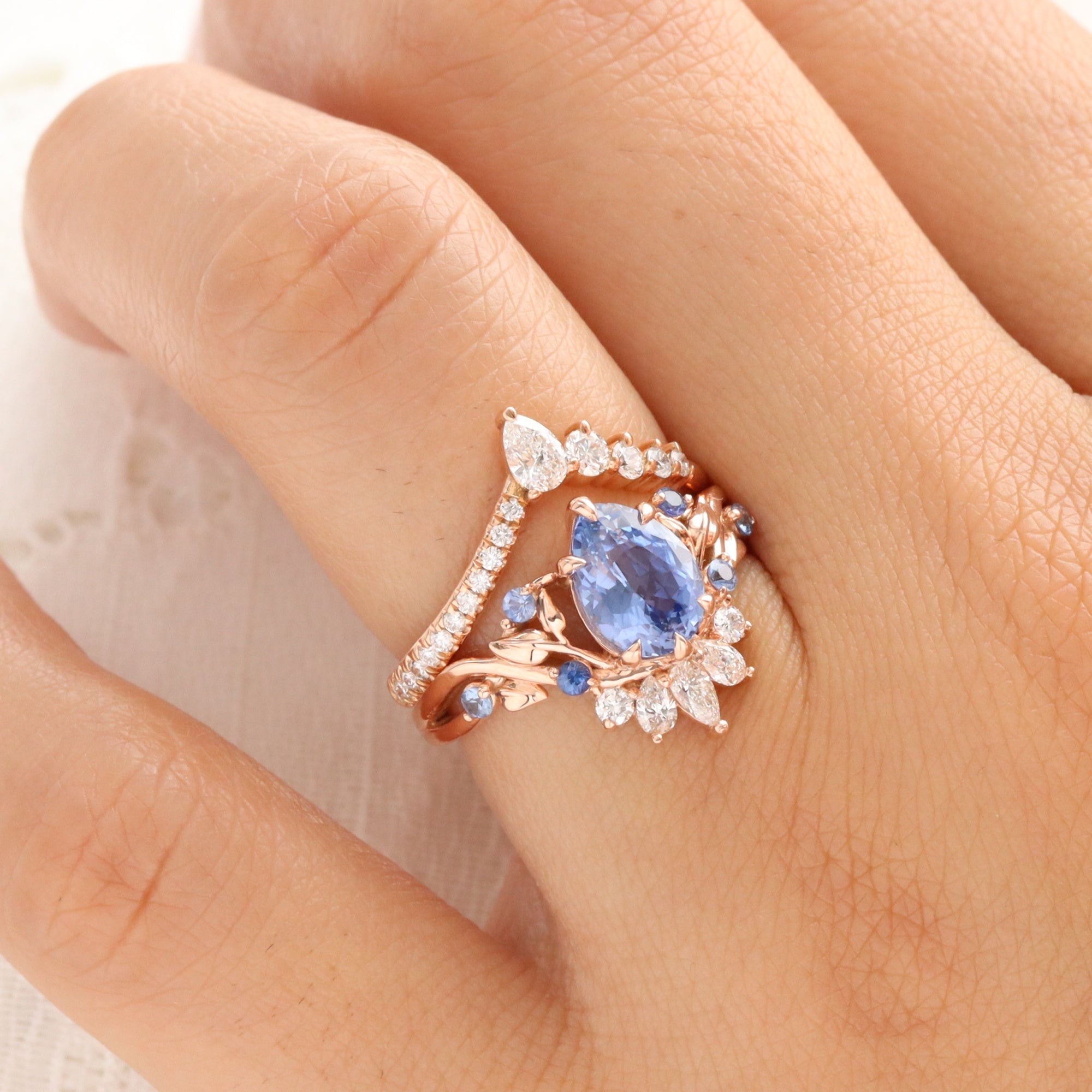 Pear aqua blue sapphire ring rose gold floral leaf diamond ring peacock ring la more design jewelry