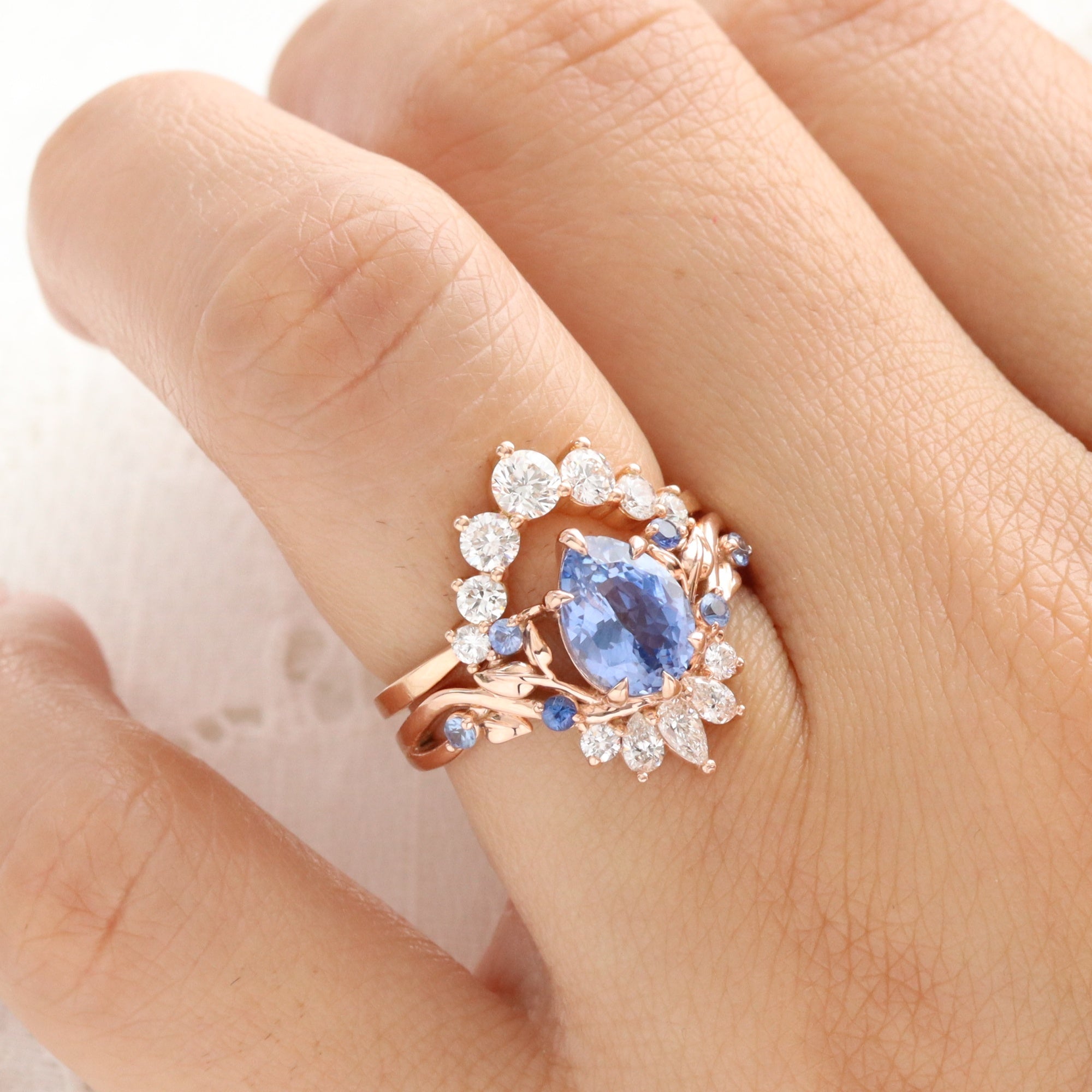 Pear aqua blue sapphire ring rose gold floral leaf diamond ring peacock ring la more design jewelry