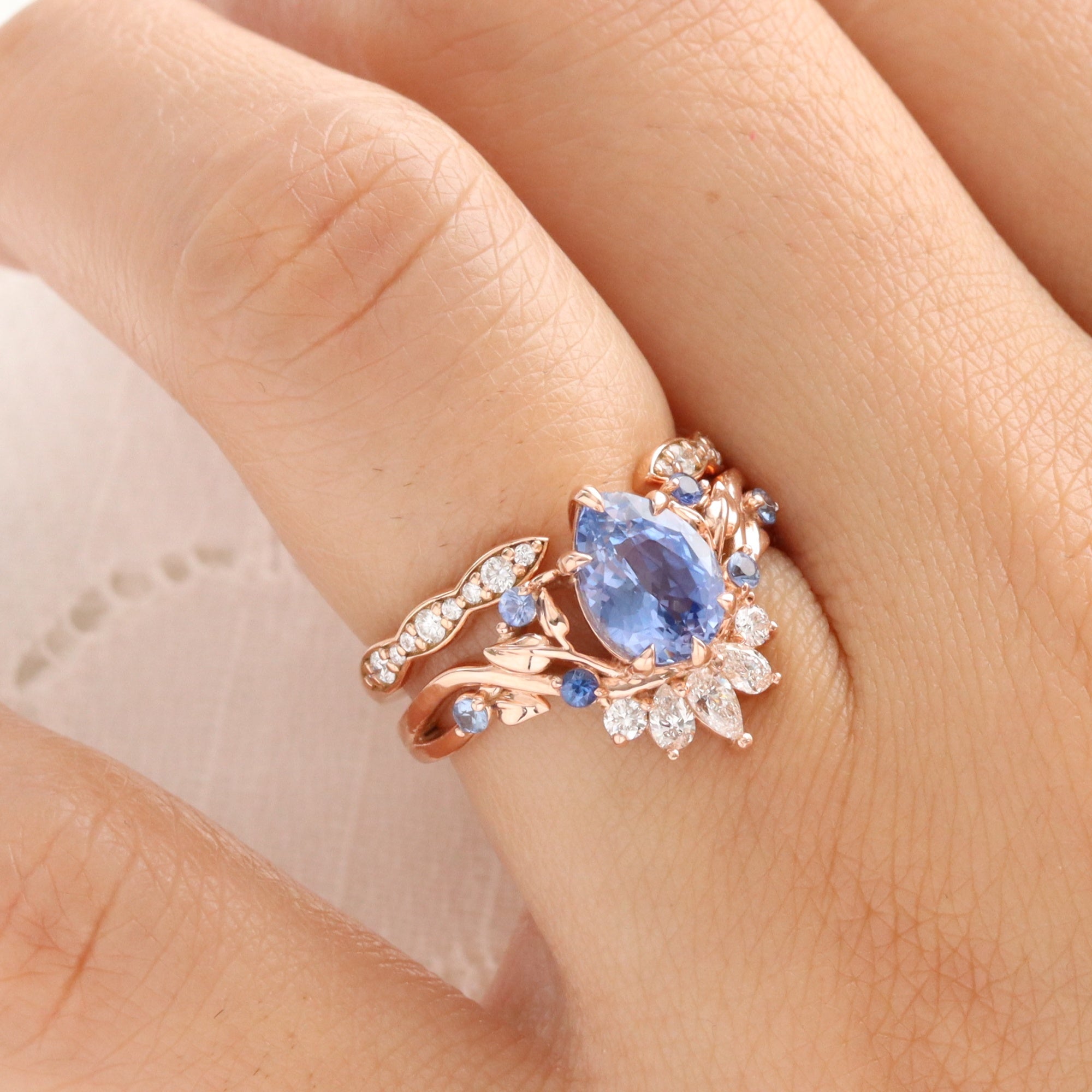 Pear aqua blue sapphire ring rose gold floral leaf diamond ring peacock ring la more design jewelry