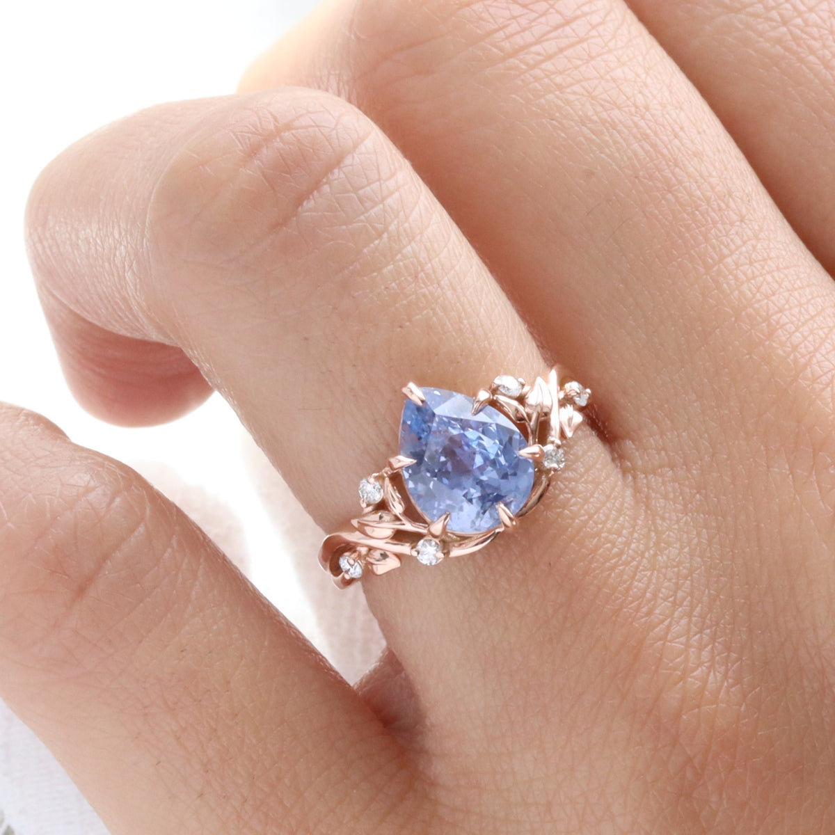 Pear lilac blue sapphire ring rose gold floral leaf diamond sapphire solitaire ring la more design jewelry