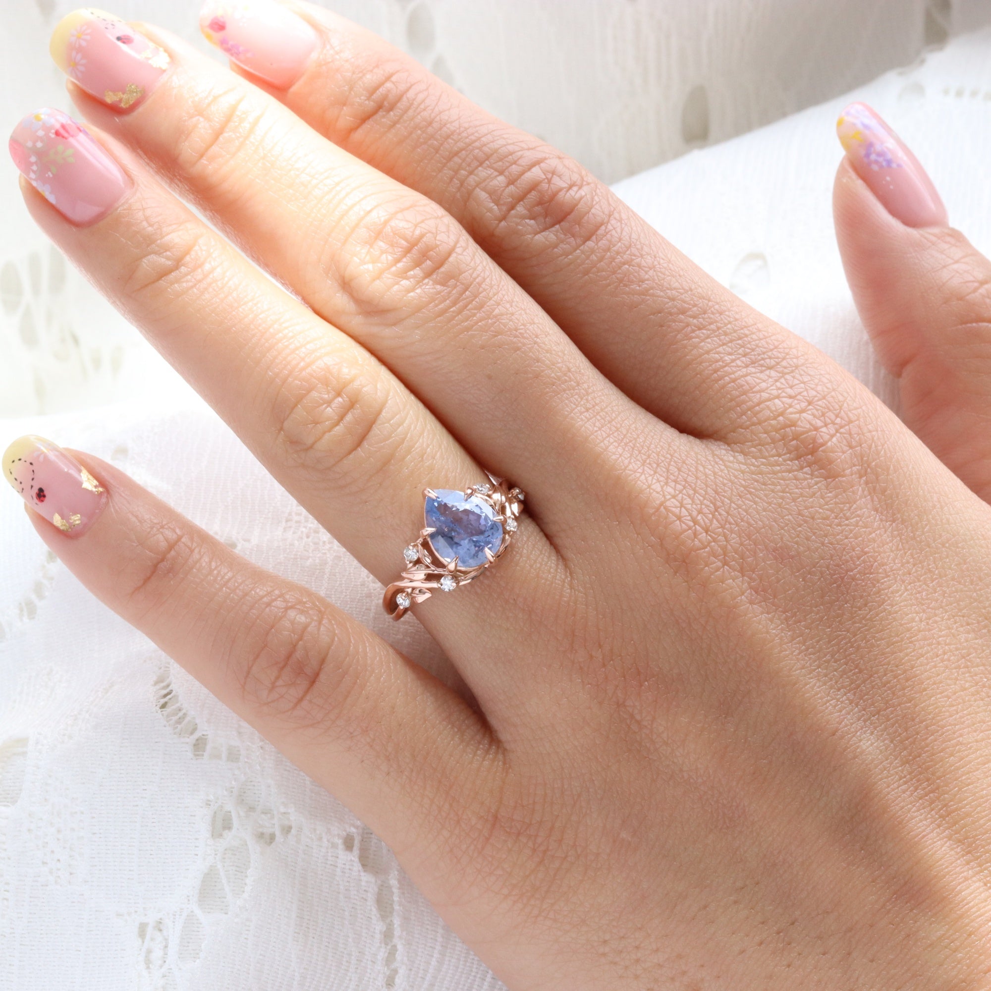 Pear lilac blue sapphire ring rose gold floral leaf diamond sapphire solitaire ring la more design jewelry
