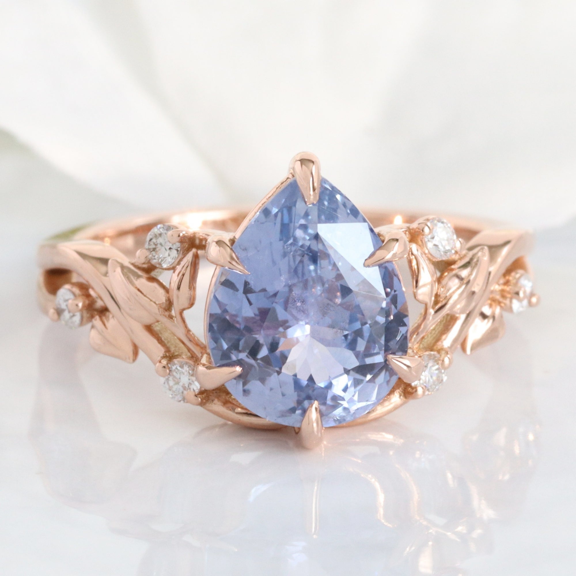 Pear lilac blue sapphire ring rose gold floral leaf diamond sapphire solitaire ring la more design jewelry