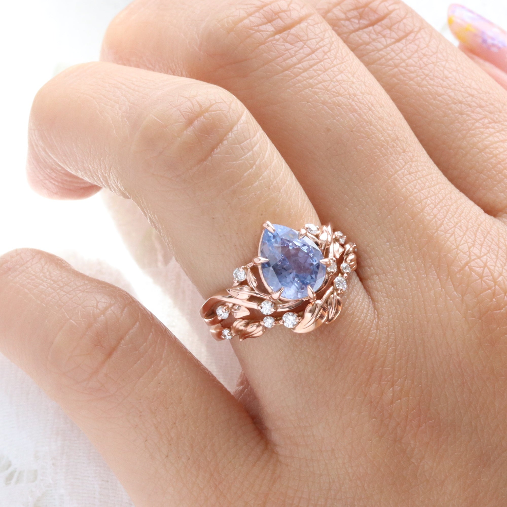 Pear lilac blue sapphire ring rose gold floral leaf diamond sapphire solitaire ring la more design jewelry