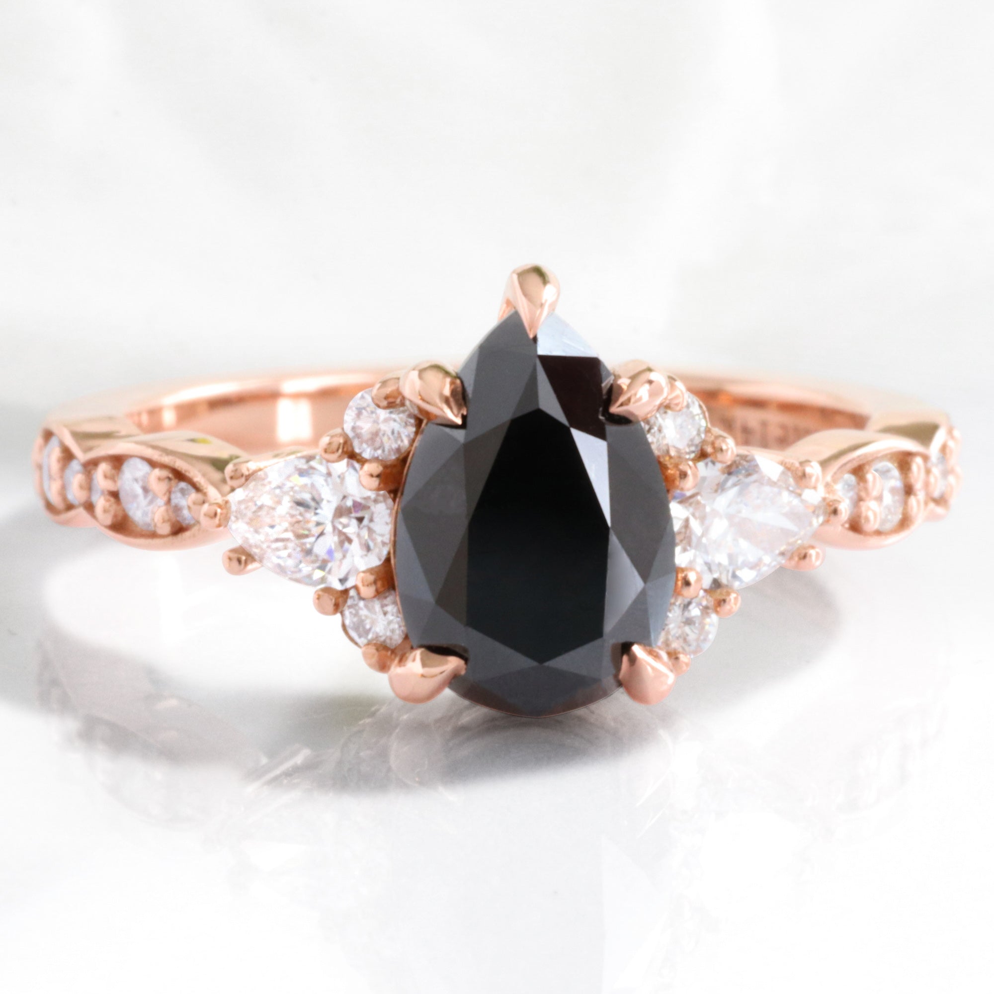 Stone Black Diamond Ring 14k Rose Gold Pear Black Diamond Band