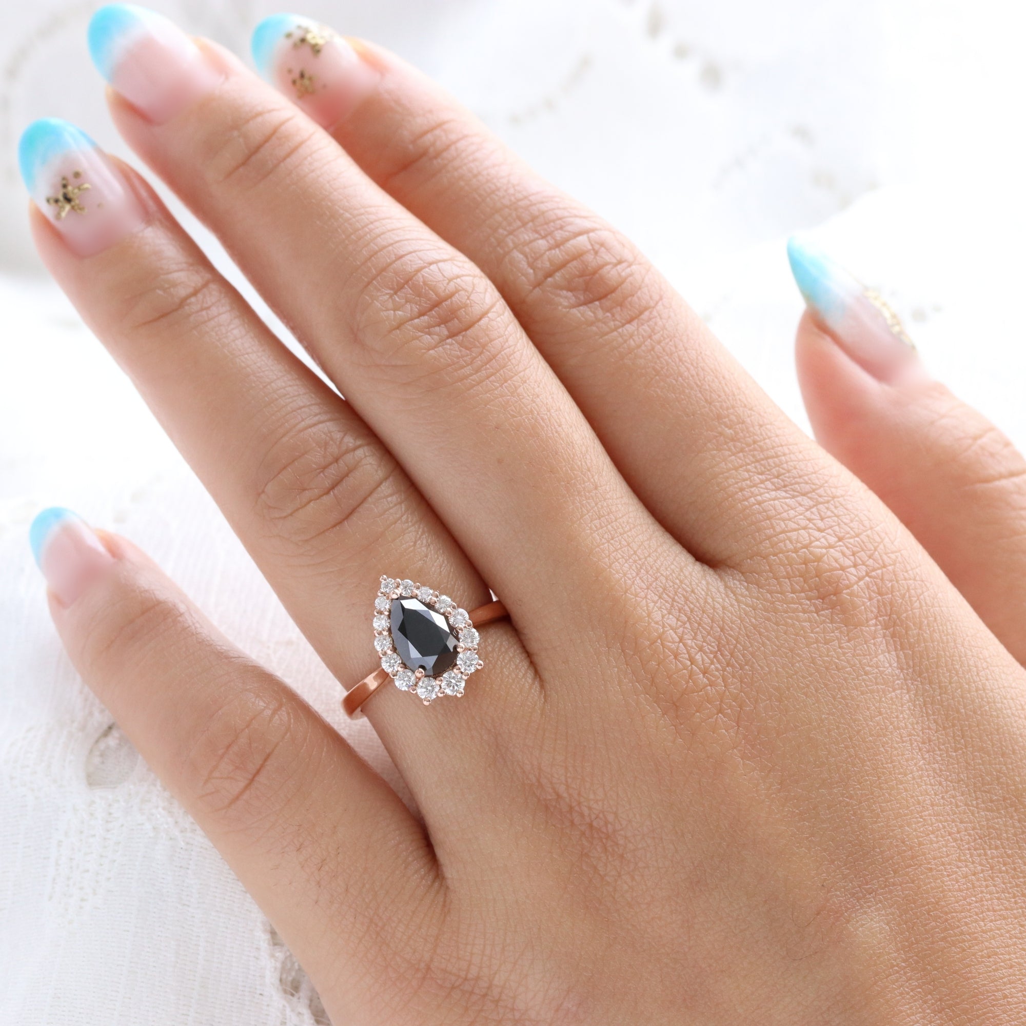 Pear black diamond engagement ring rose gold halo diamond pear ring pear cluster la more design jewelry