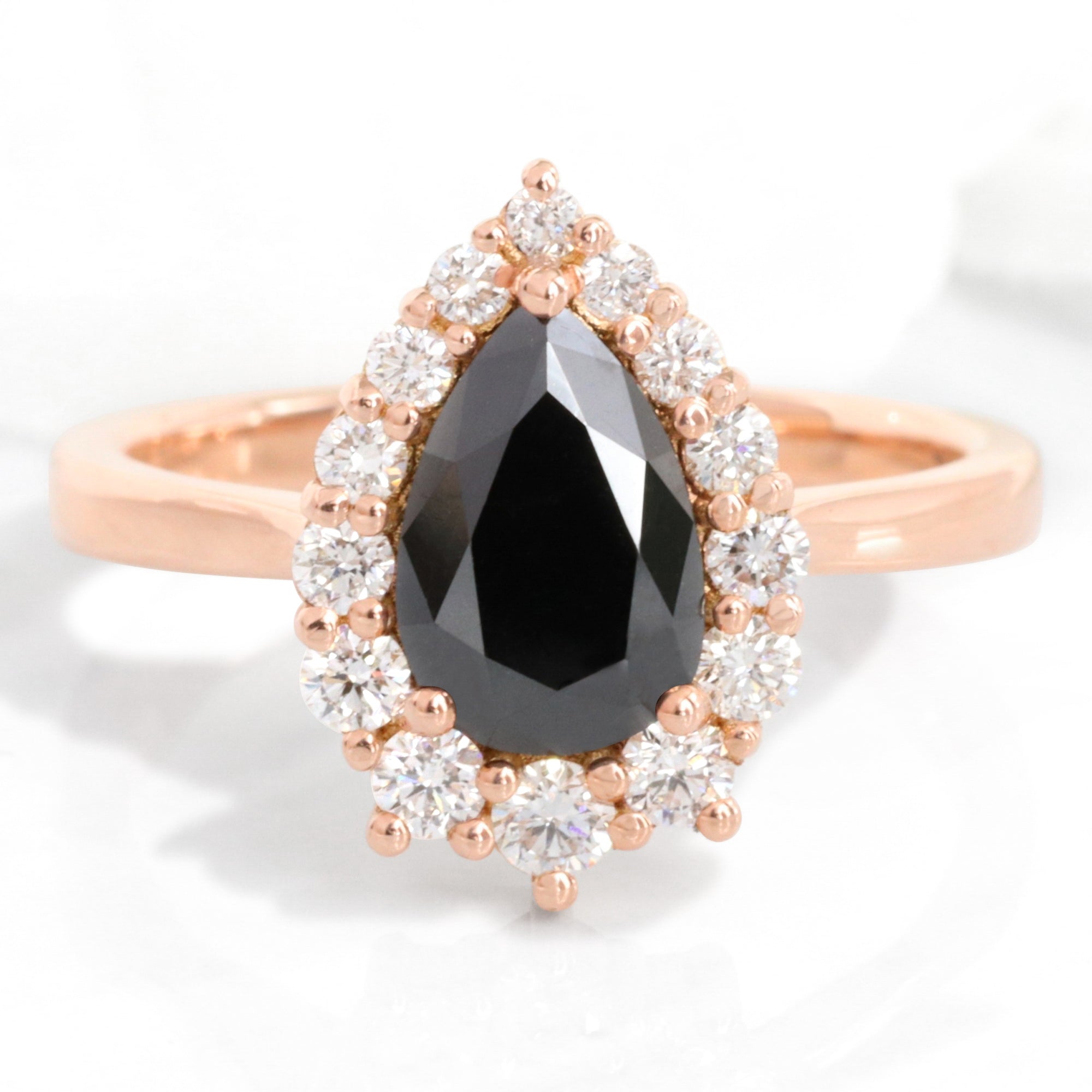 Pear Black Diamond Engagement Ring in Tiara Halo Tapered Band