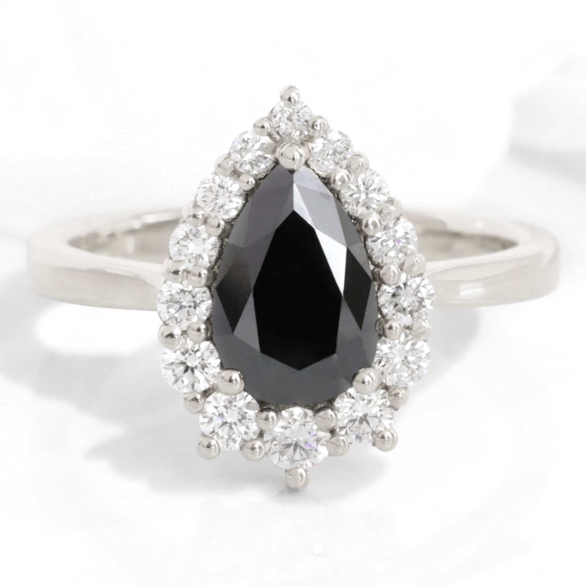 Pear Black Diamond Engagement Ring in Tiara Halo Tapered Band
