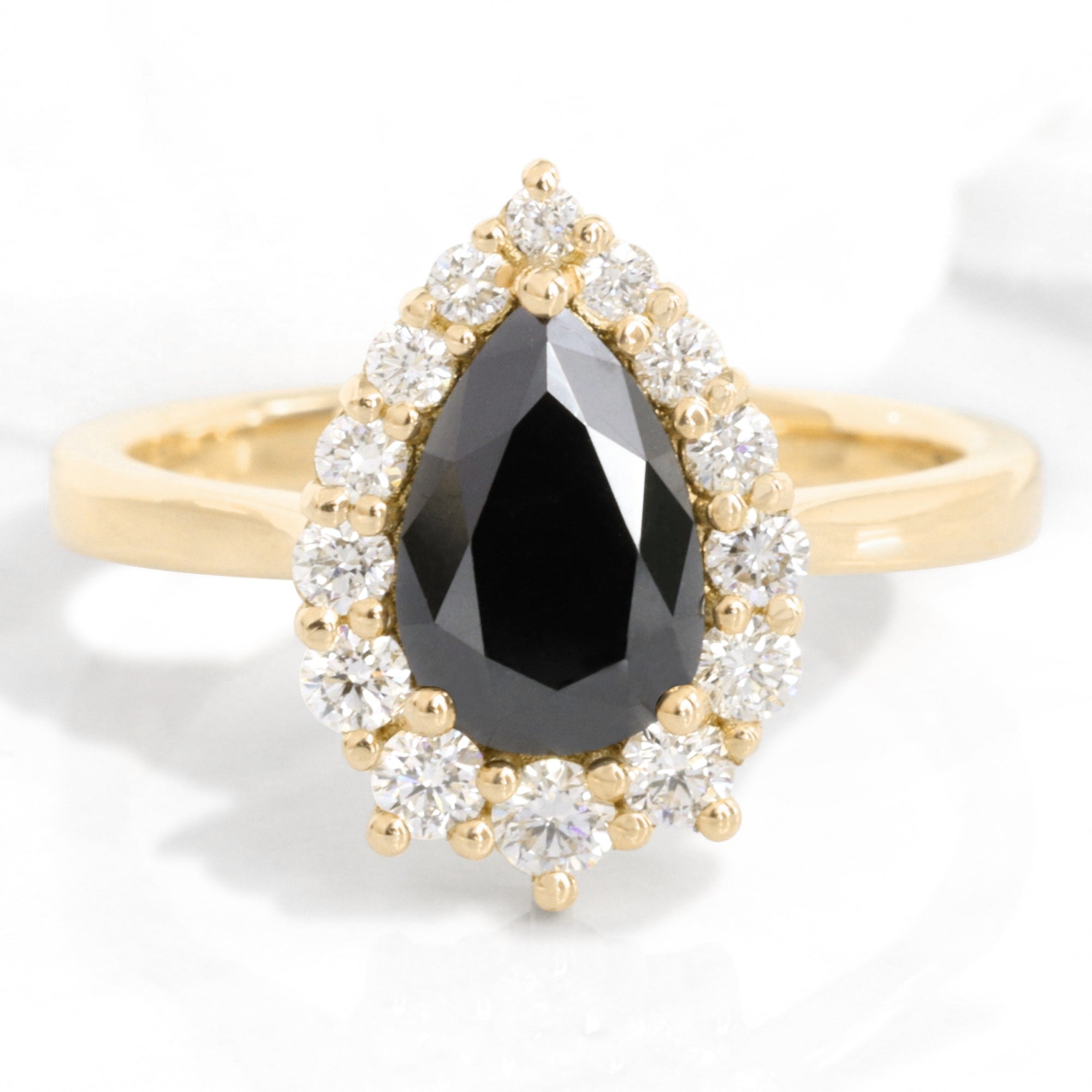 Pear Black Diamond Engagement Ring in Tiara Halo Tapered Band