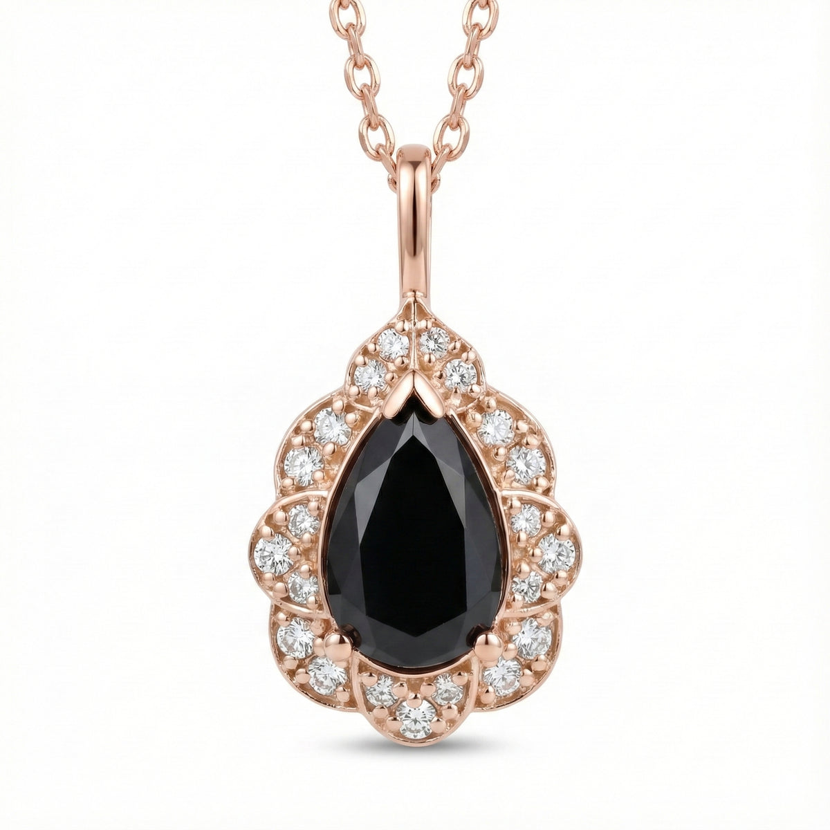 Pear black diamond pendant rose gold vintage floral halo black diamond necklace la more design jewelry