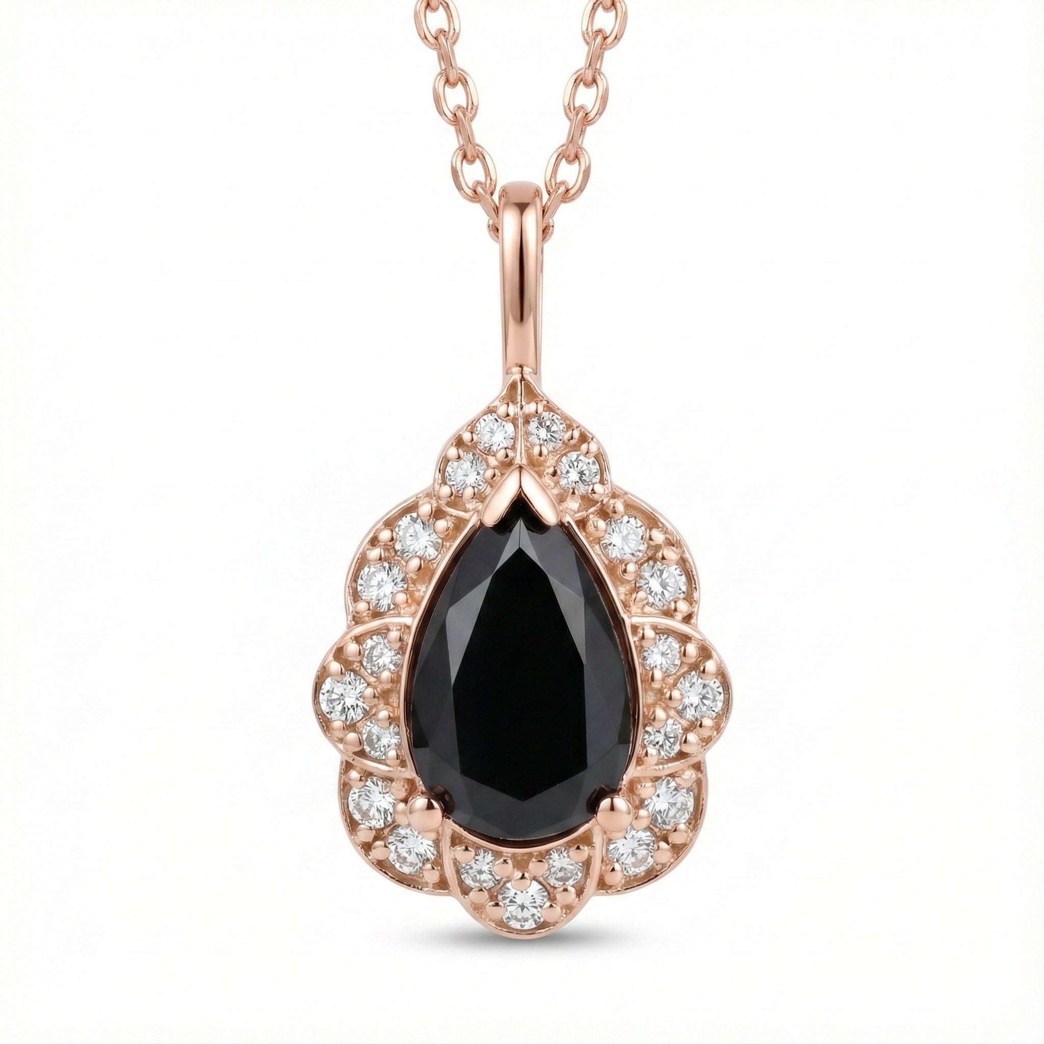 Pear black diamond pendant rose gold vintage floral halo black diamond necklace la more design jewelry