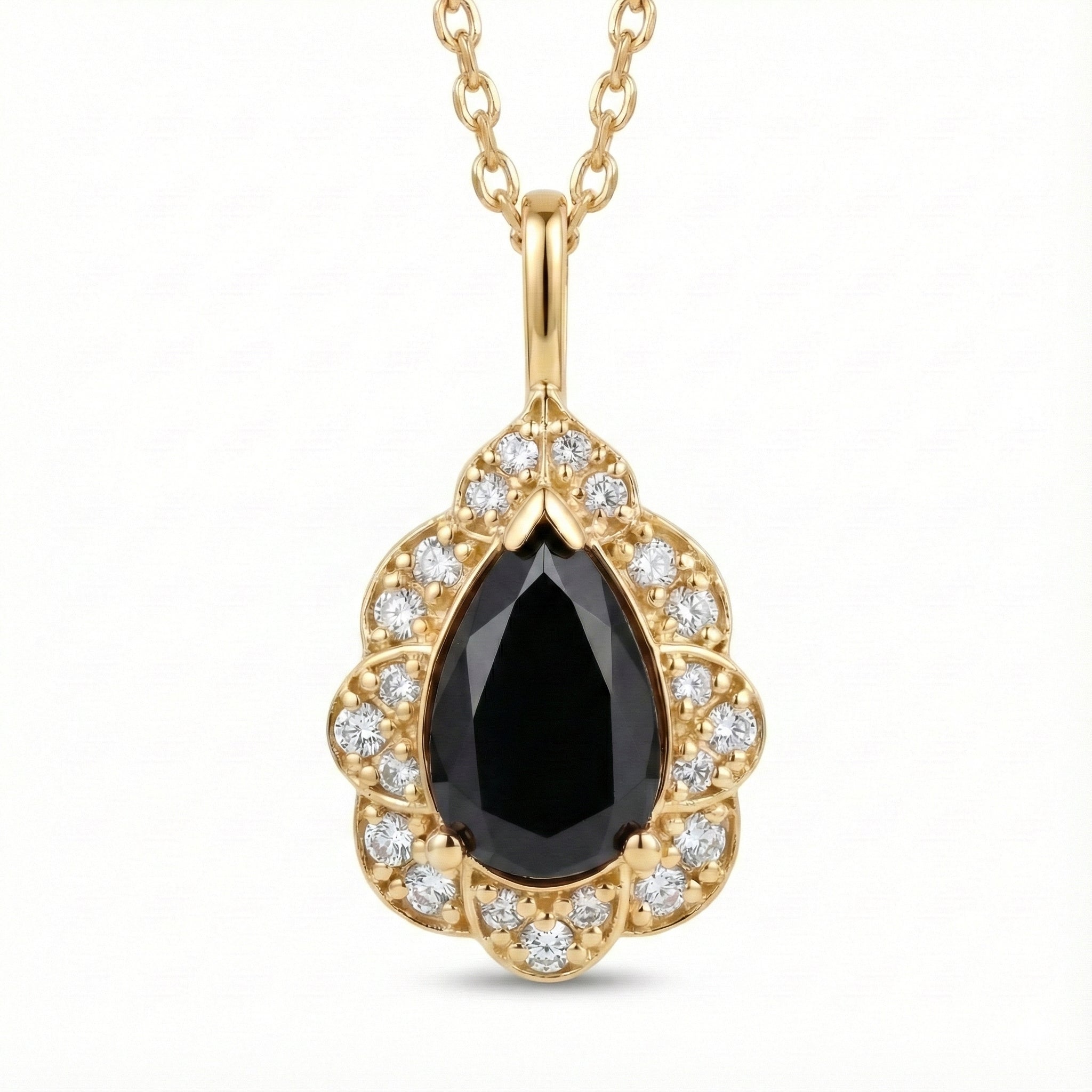 Pear black diamond pendant yellow gold vintage floral halo black diamond necklace la more design jewelry