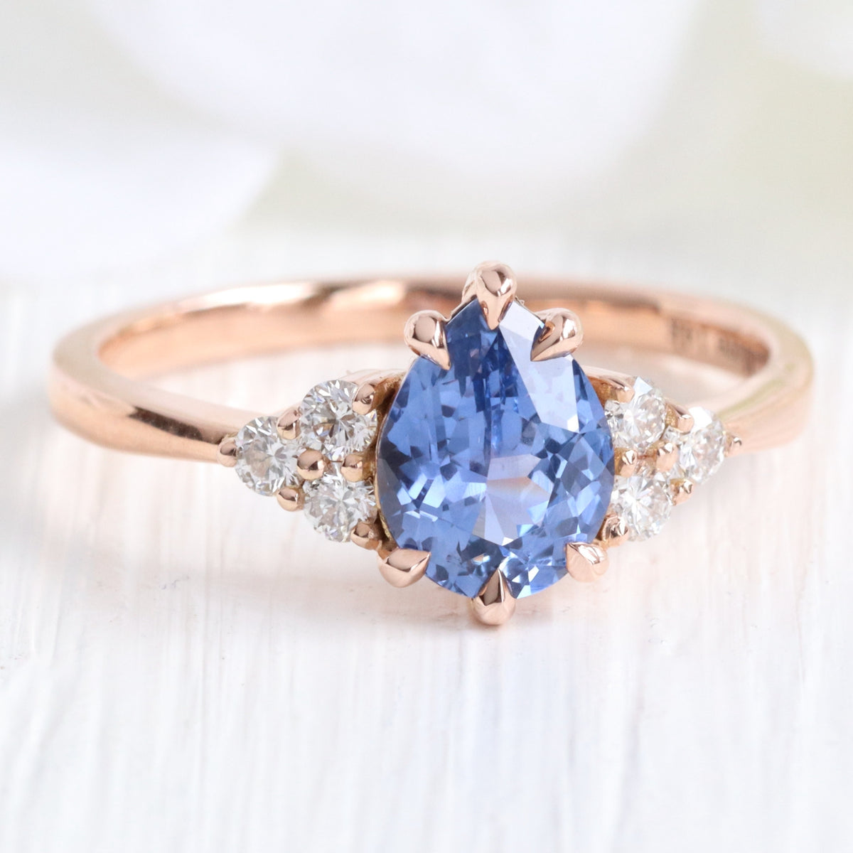 Pear blue sapphire ring rose gold 3 stone diamond ring low set engagement ring la more design jewelry