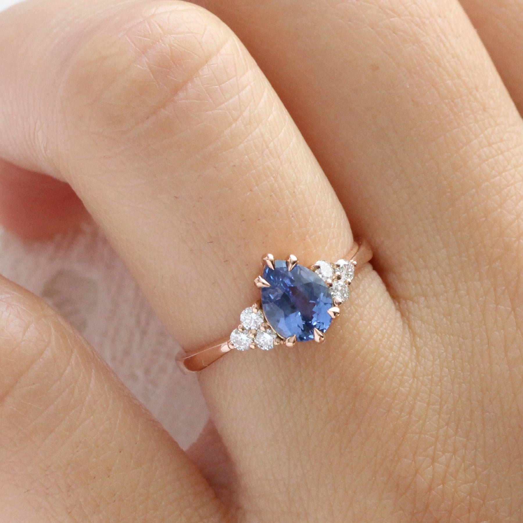 Pear blue sapphire ring rose gold 3 stone diamond ring low set engagement ring la more design jewelry