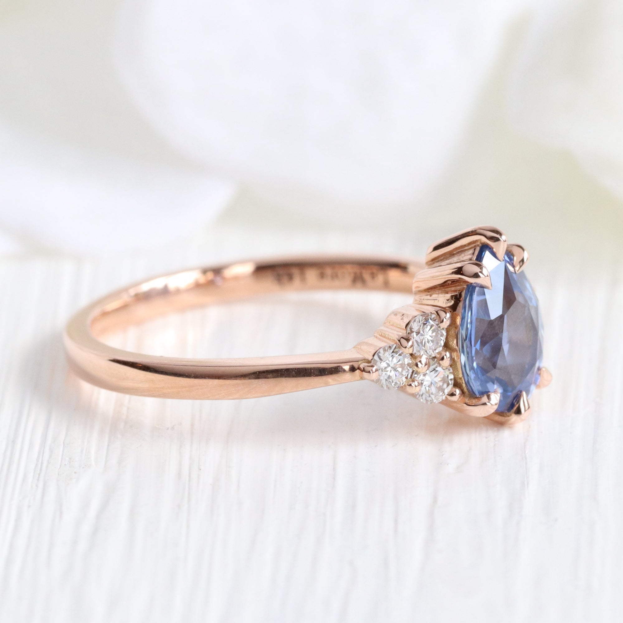 Pear blue sapphire ring rose gold 3 stone diamond ring low set engagement ring la more design jewelry
