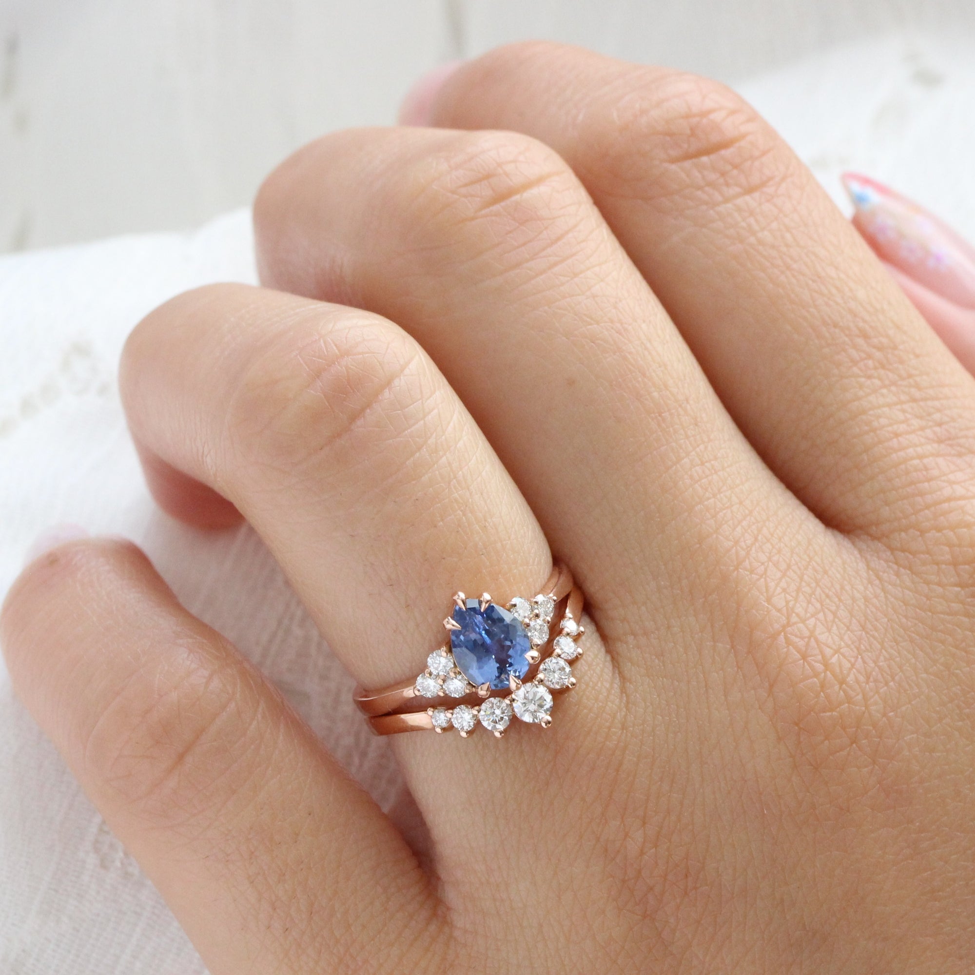 Pear blue sapphire ring rose gold 3 stone diamond ring low set engagement ring la more design jewelry