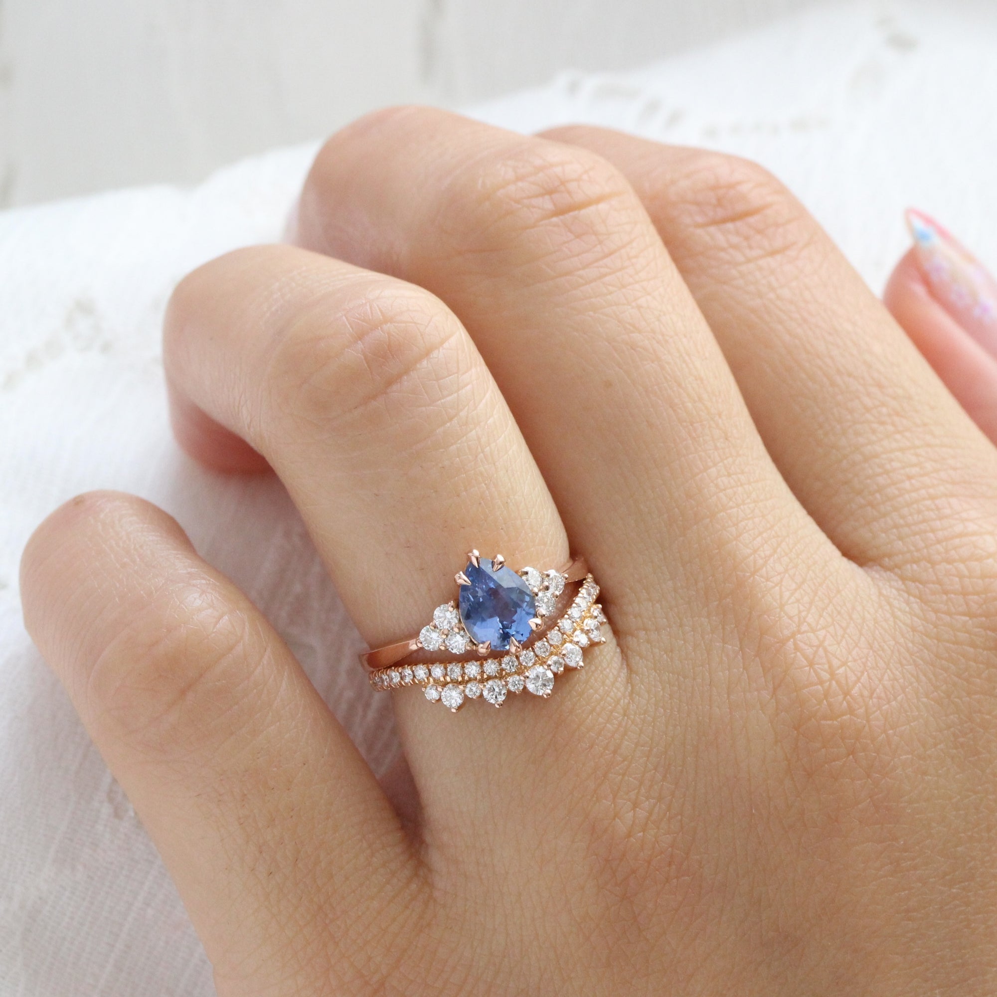 Pear blue sapphire ring rose gold 3 stone diamond ring low set engagement ring la more design jewelry