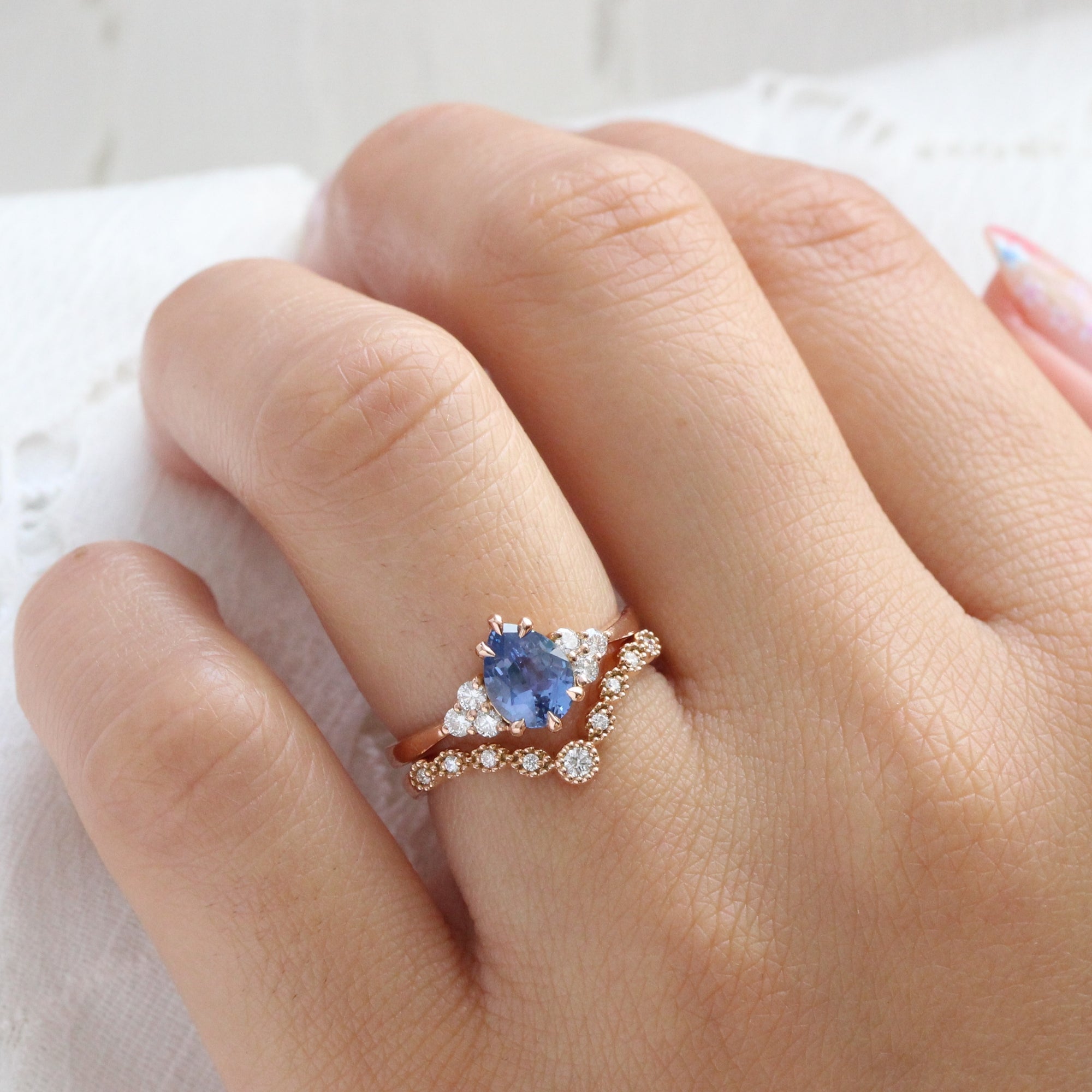 Pear blue sapphire ring rose gold 3 stone diamond ring low set engagement ring la more design jewelry