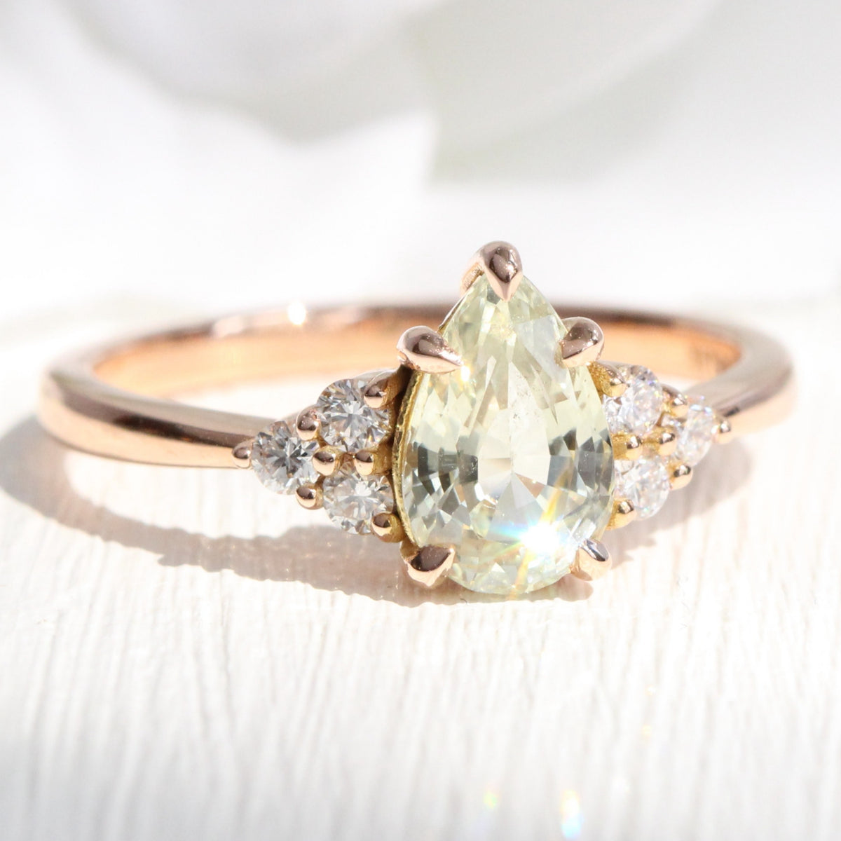 Pear cut sea form green sapphire ring rose gold 3 stone diamond ring la more design jewelry