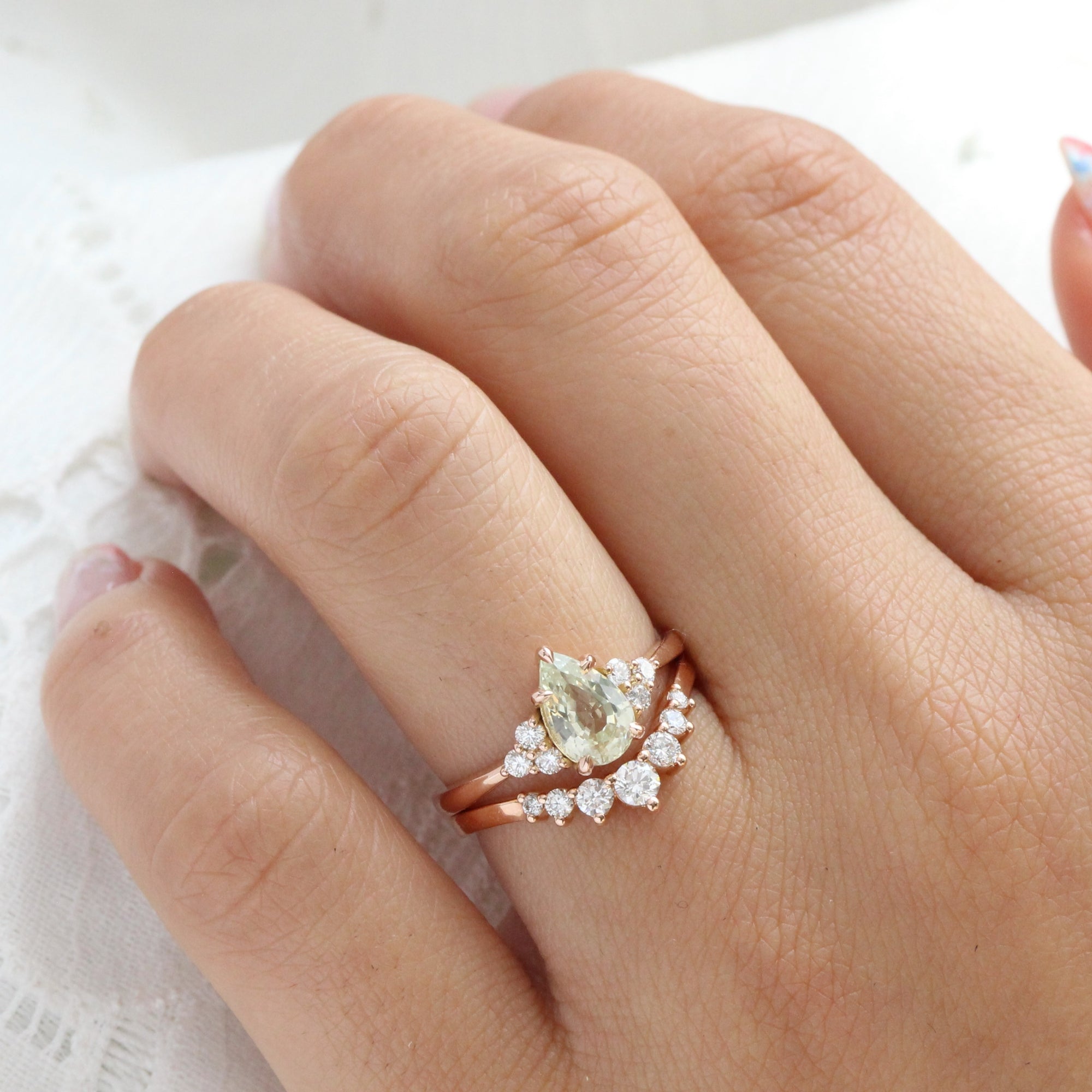 Pear cut sea form green sapphire ring rose gold 3 stone diamond ring la more design jewelry