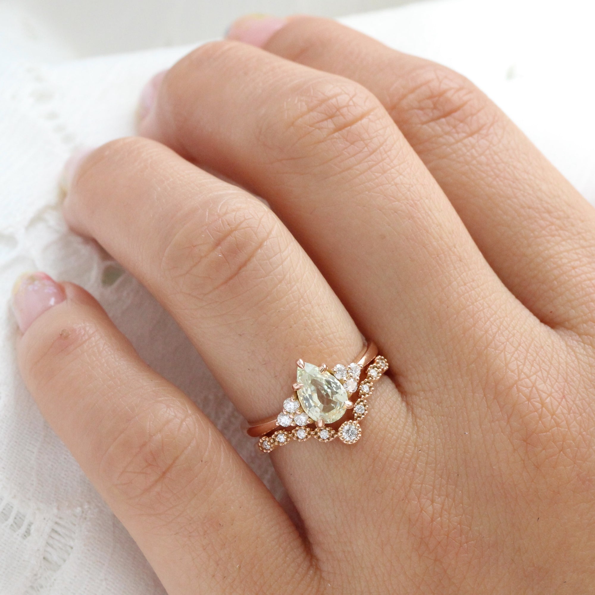 Pear cut sea form green sapphire ring rose gold 3 stone diamond ring la more design jewelry