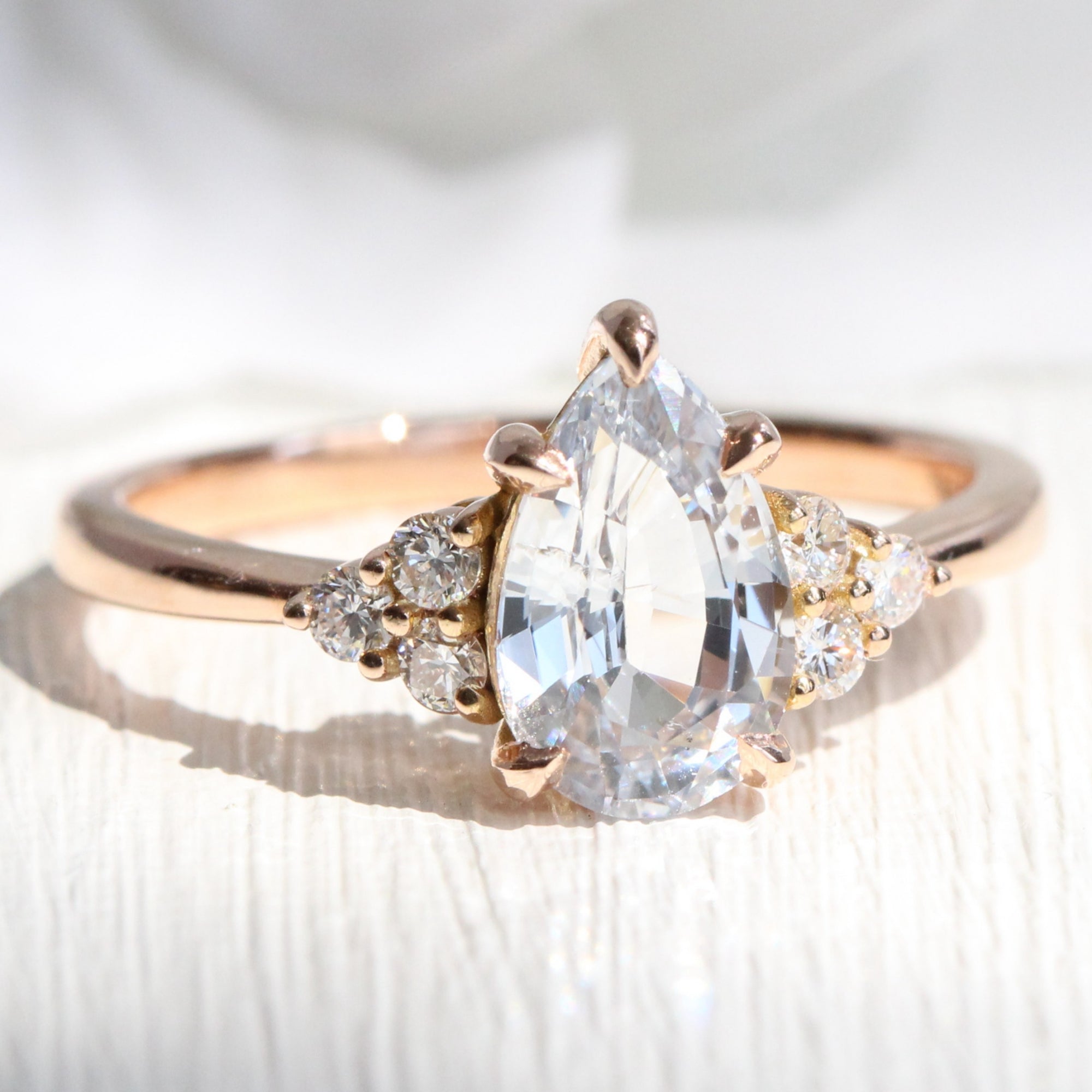 Pear White Sapphire Diamond Ring Rose Gold Low Set Stone Ring