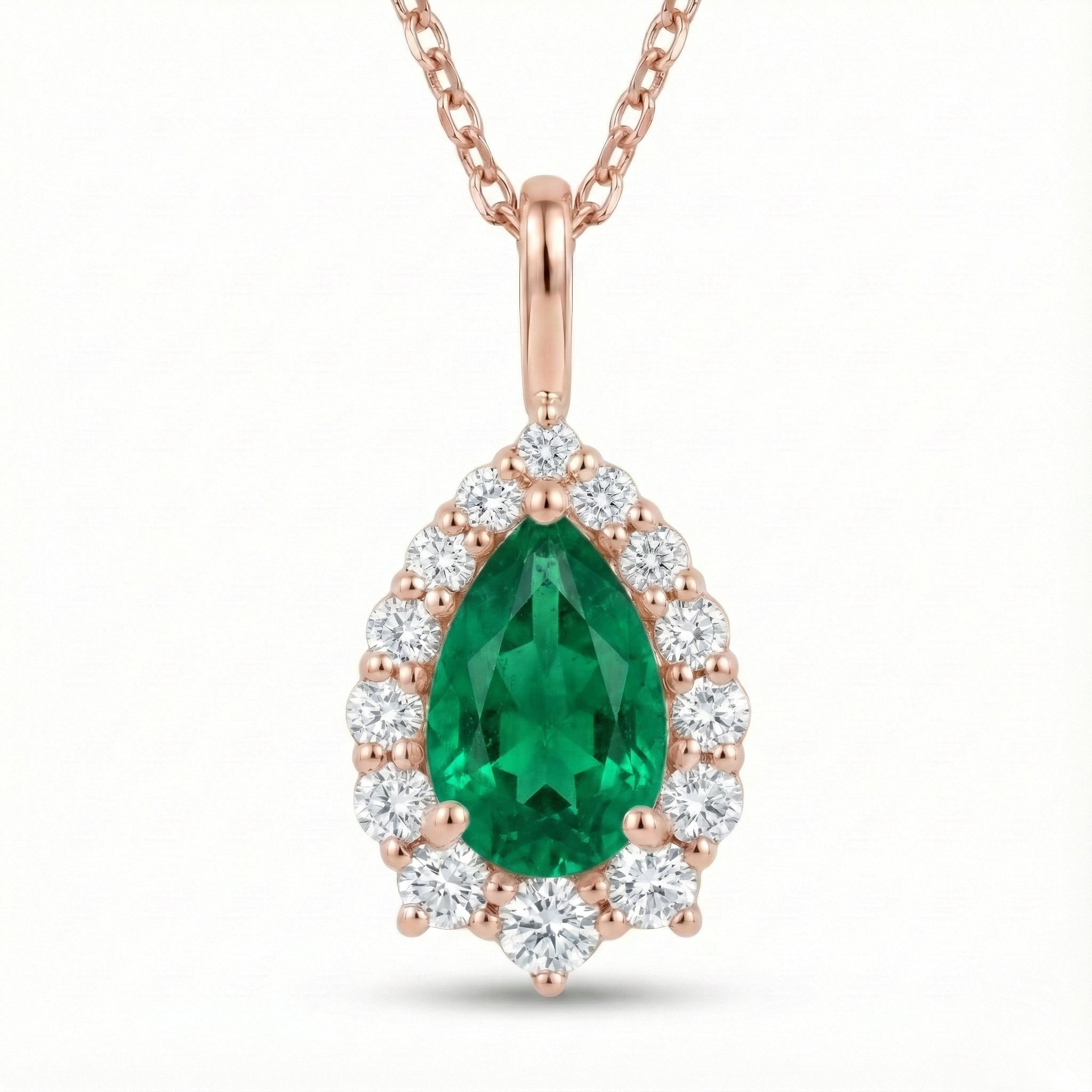 Pear emerald necklace rose gold halo diamond green emerald pendant gold chain la more design jewelry