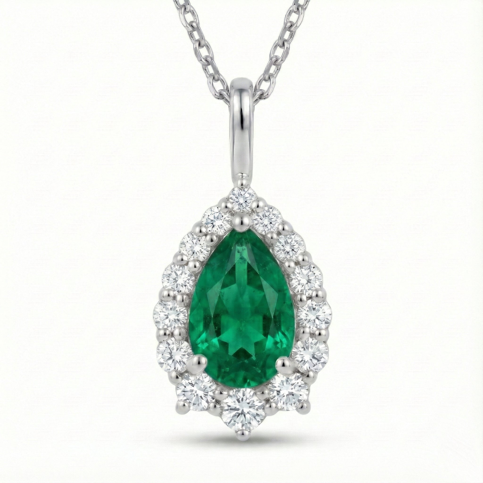 Pear emerald necklace white gold halo diamond green emerald pendant gold chain la more design jewelry