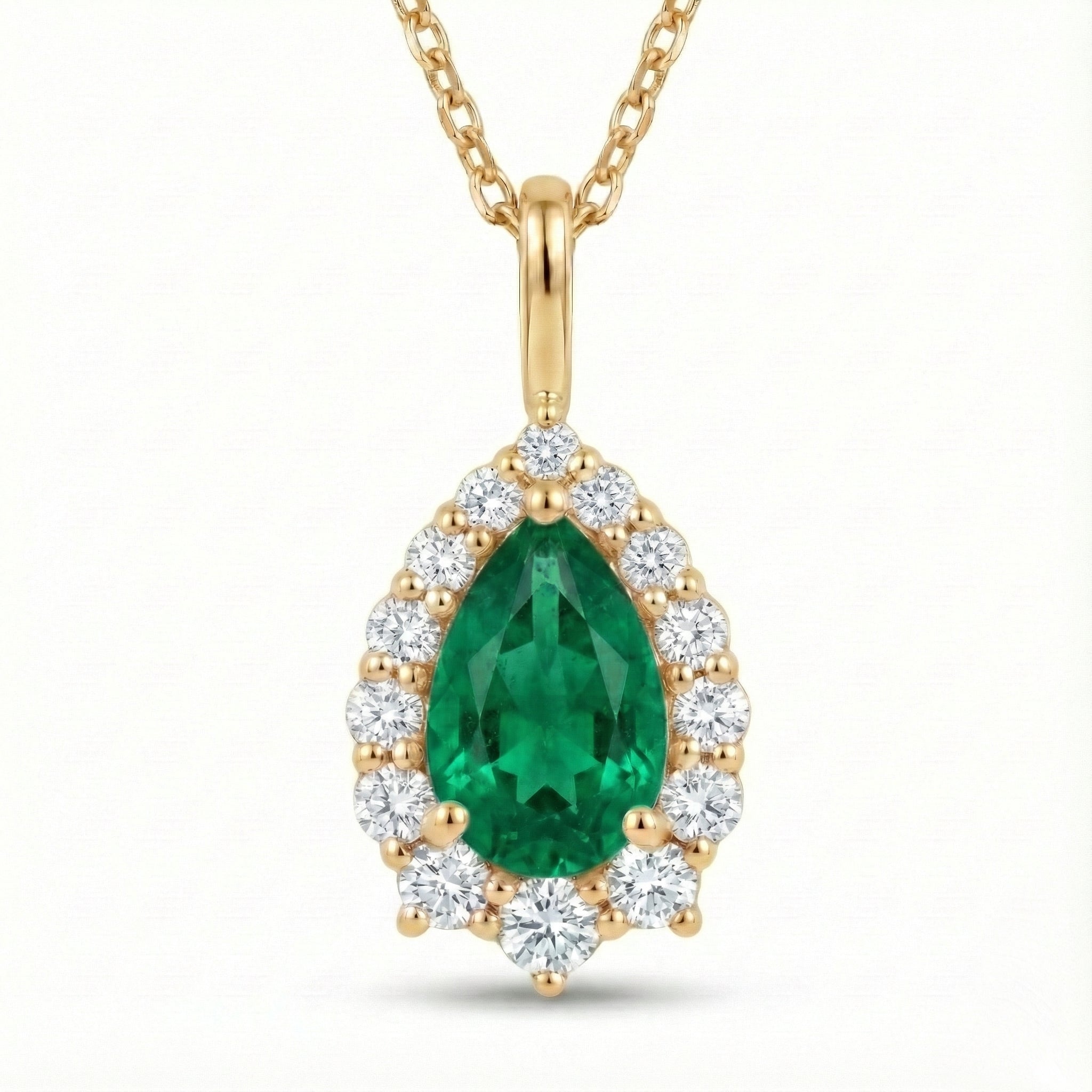 Pear emerald necklace yellow gold halo diamond green emerald pendant gold chain la more design jewelry