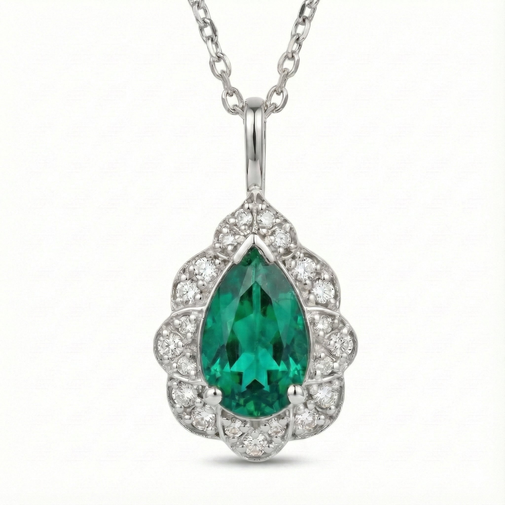 Pear emerald pendant white gold vintage floral halo diamond emerald necklace la more design jewelry