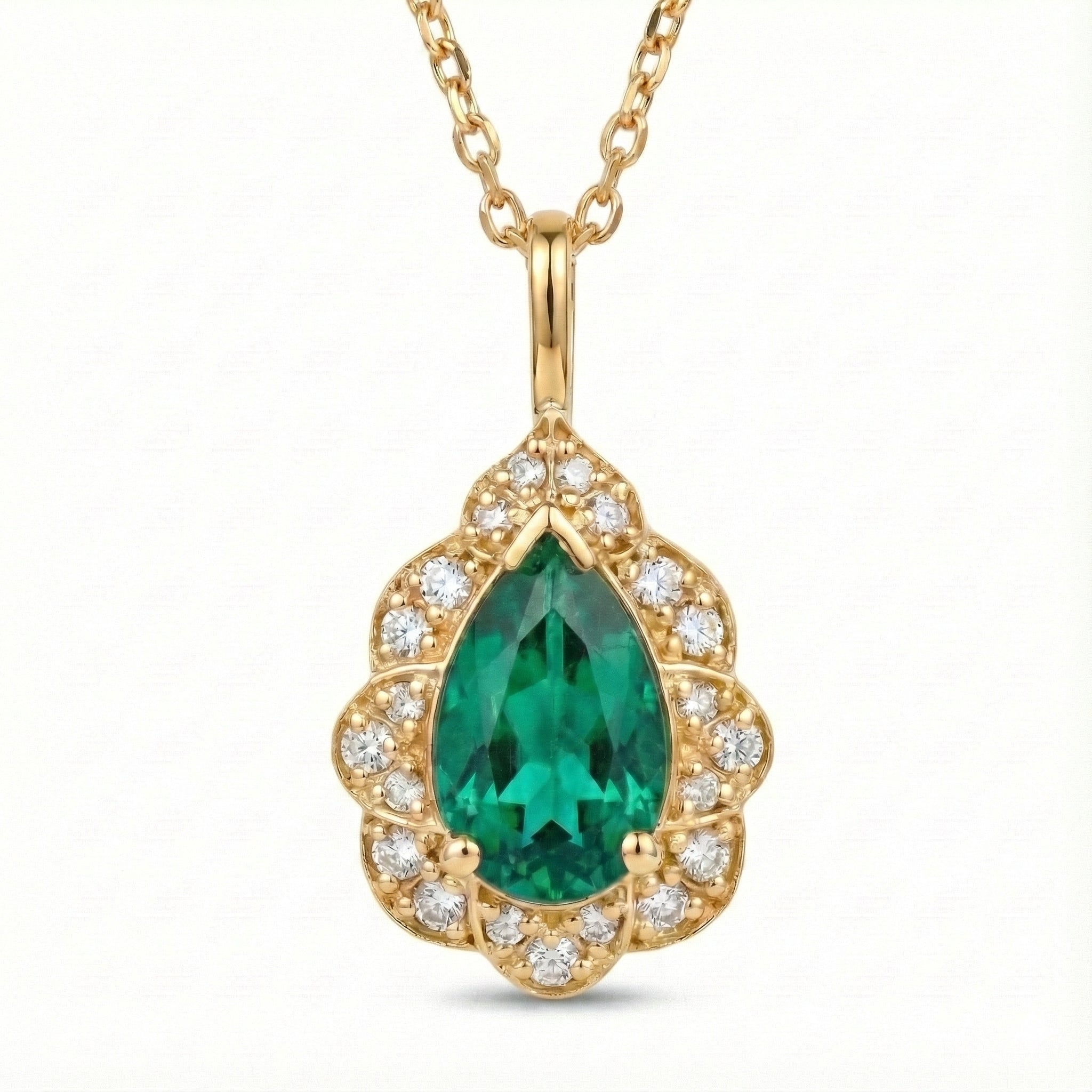 Pear emerald pendant yellow gold vintage floral halo diamond emerald necklace la more design jewelry