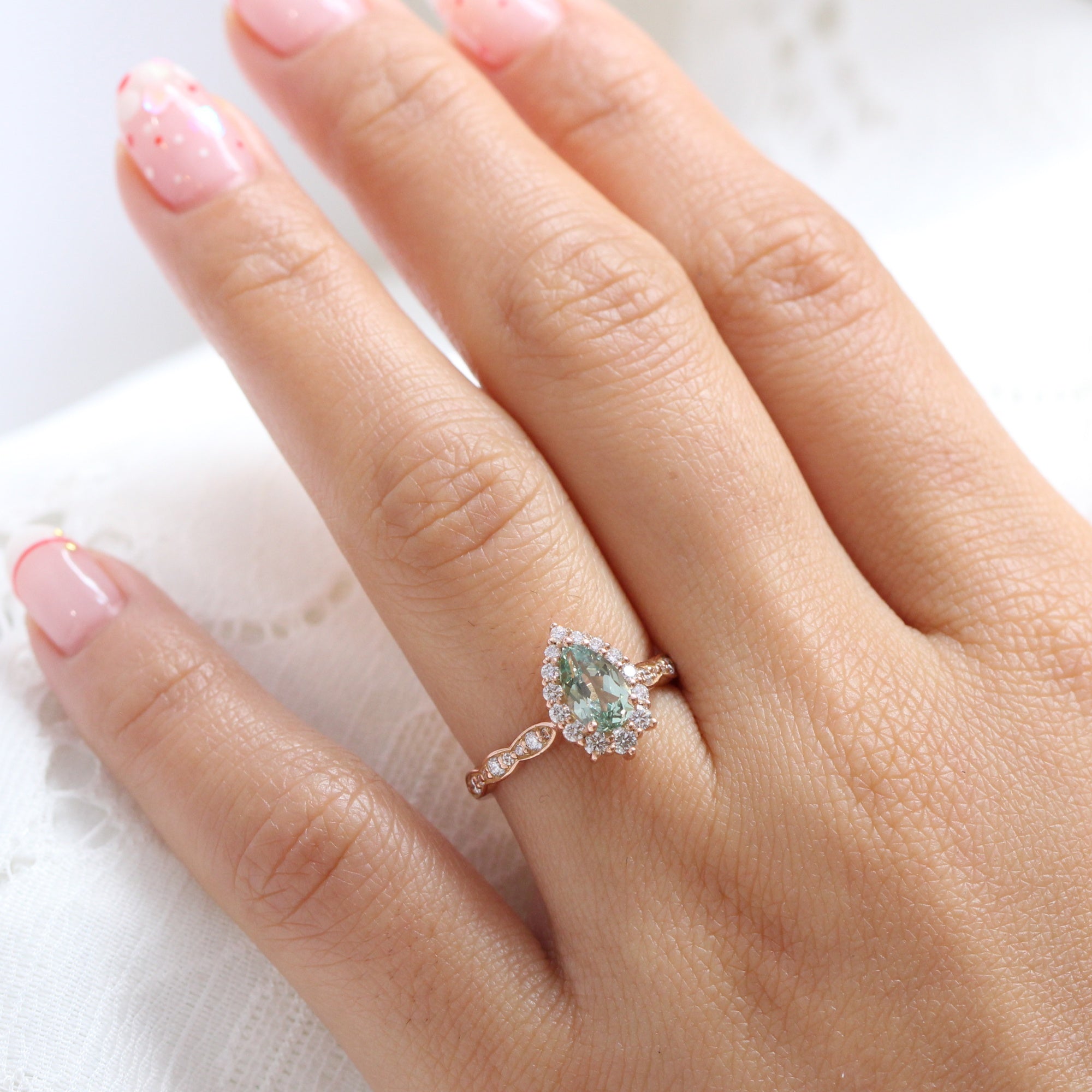 Pear Sea-foam Green Sapphire Ring in 14k Rose Gold Tiara Halo Diamond, Size 6.25