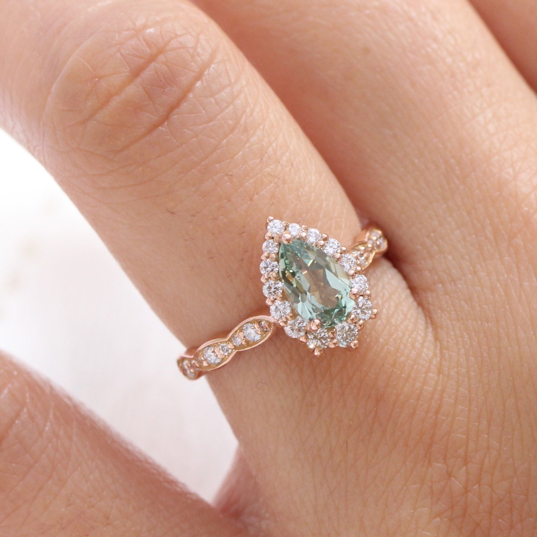 Pear Sea-foam Green Sapphire Ring in 14k Rose Gold Tiara Halo Diamond, Size 6.25