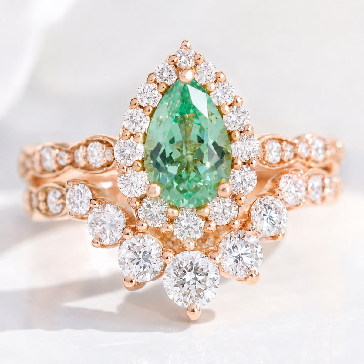 Pear green sapphire halo engagement ring bridal set and large diamond curved wedding band stack la more design jewelry-ROSE GOLD