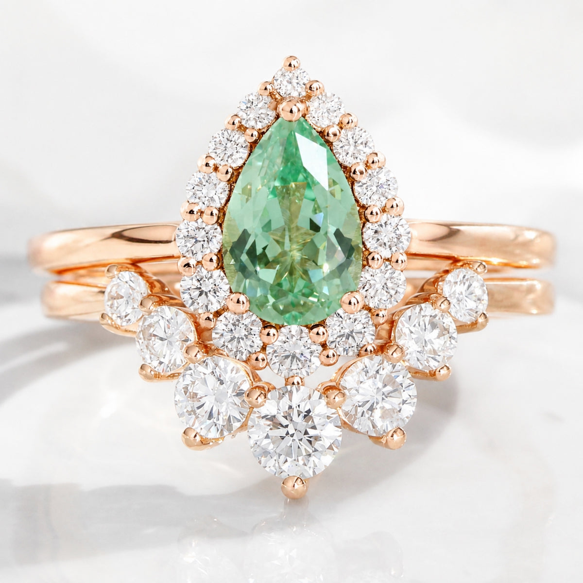 Pear green sapphire halo engagement ring bridal set and large diamond curved wedding band stack la more design jewelry-ROSE GOLD
