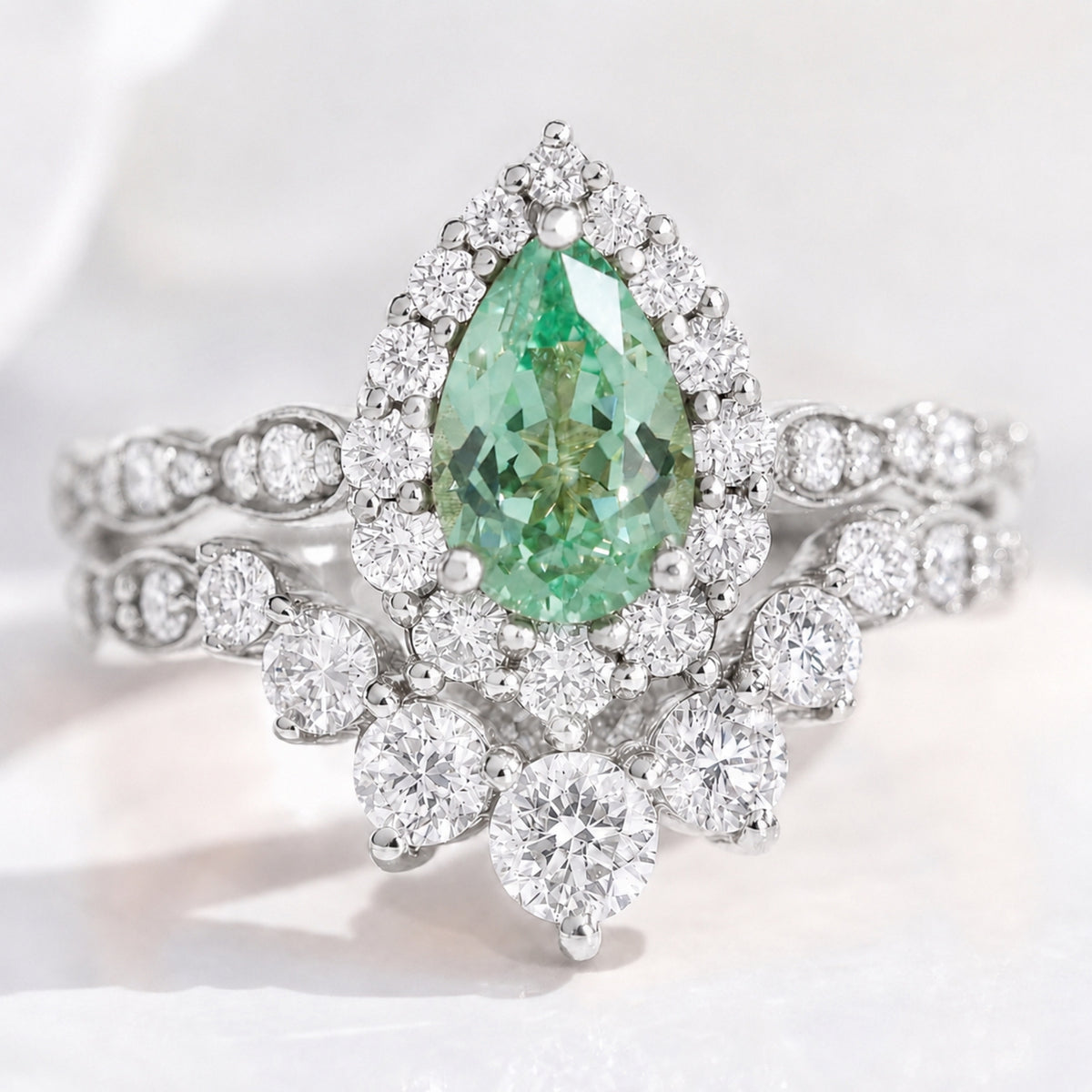 Pear green sapphire halo engagement ring bridal set and large diamond curved wedding band stack la more design jewelry-WHITE GOLD