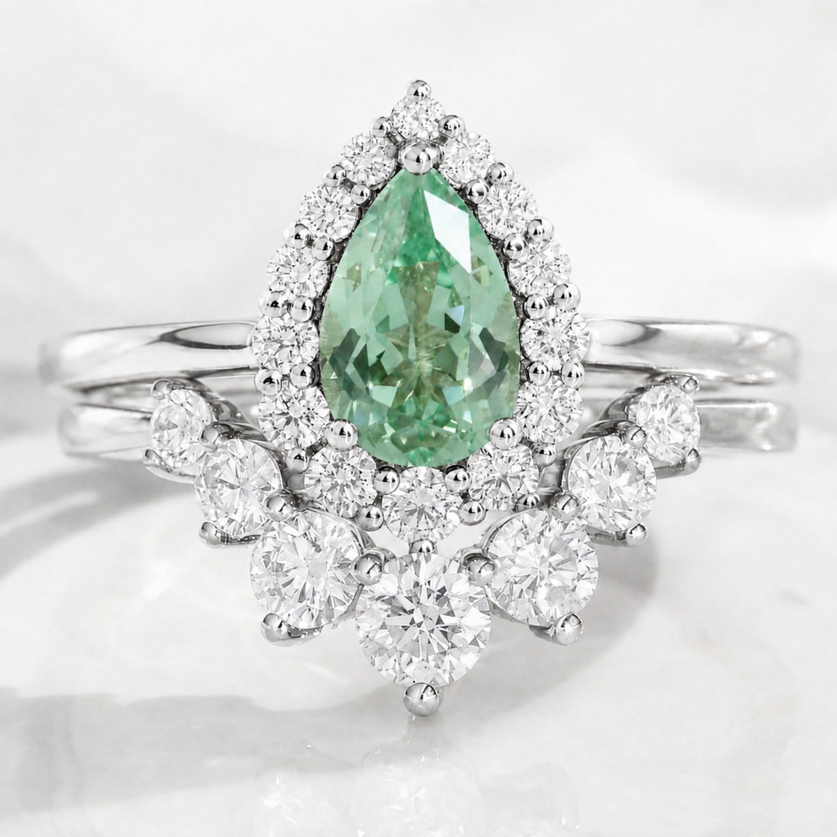 Pear green sapphire halo engagement ring bridal set and large diamond curved wedding band stack la more design jewelry-WHITE GOLD