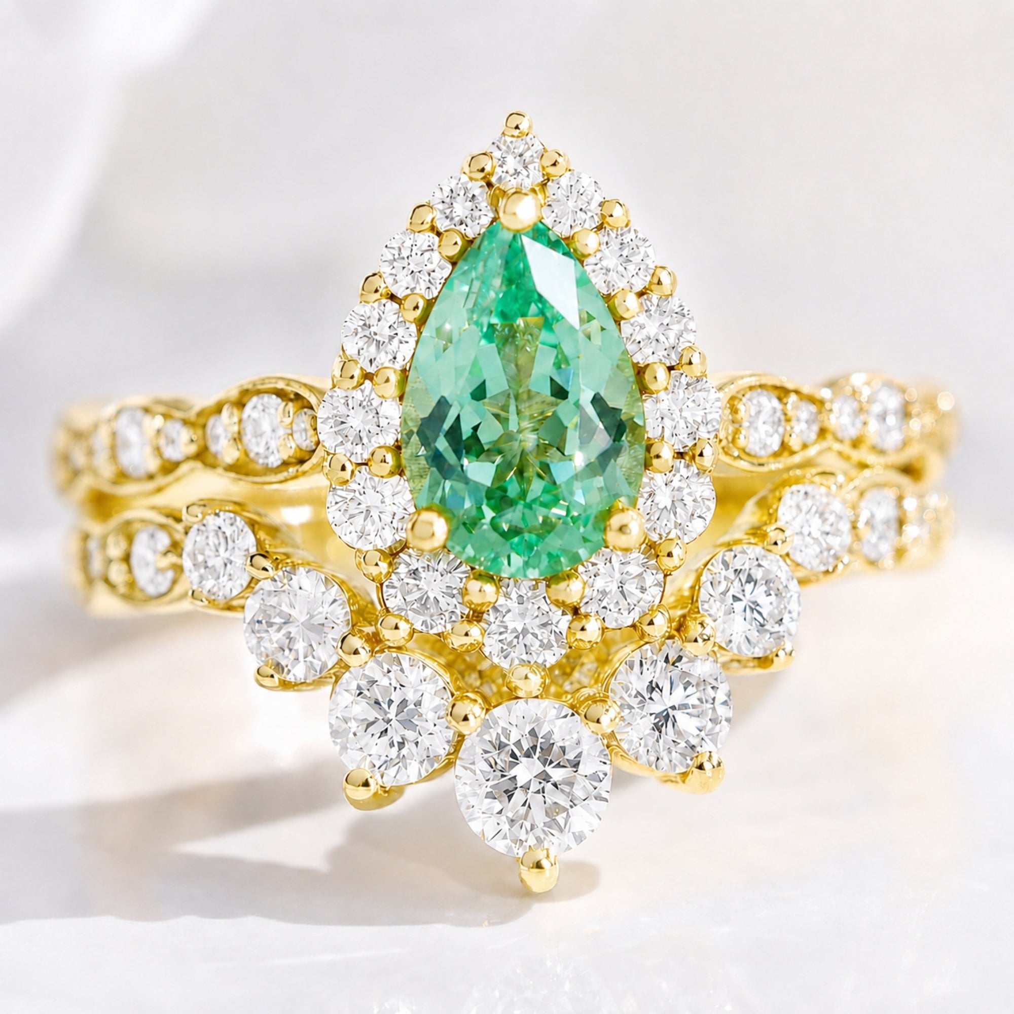 Pear green sapphire halo engagement ring bridal set and large diamond curved wedding band stack la more design jewelry-YELLOW GOLD