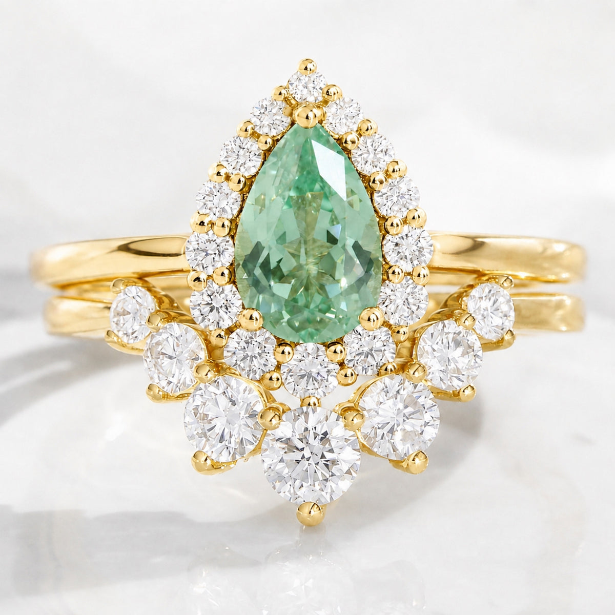 Pear green sapphire halo engagement ring bridal set and large diamond curved wedding band stack la more design jewelry-YELLOW GOLD