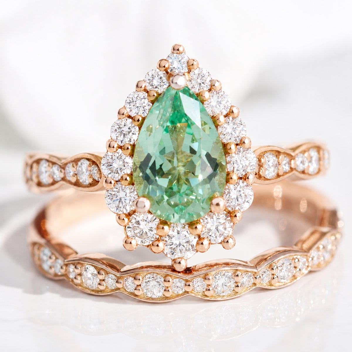 Pear green sapphire halo engagement ring bridal set and matching diamond wedding band stack la more design jewelry-ROSE GOLD