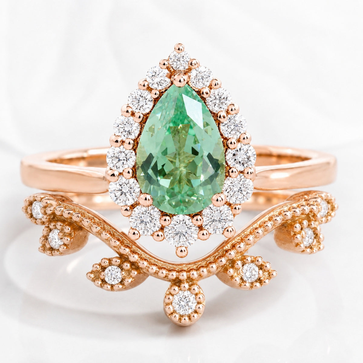 Pear green sapphire halo engagement ring bridal set and natural inspired curved diamond wedding band stack la more design jewelry-ROSE GOLD