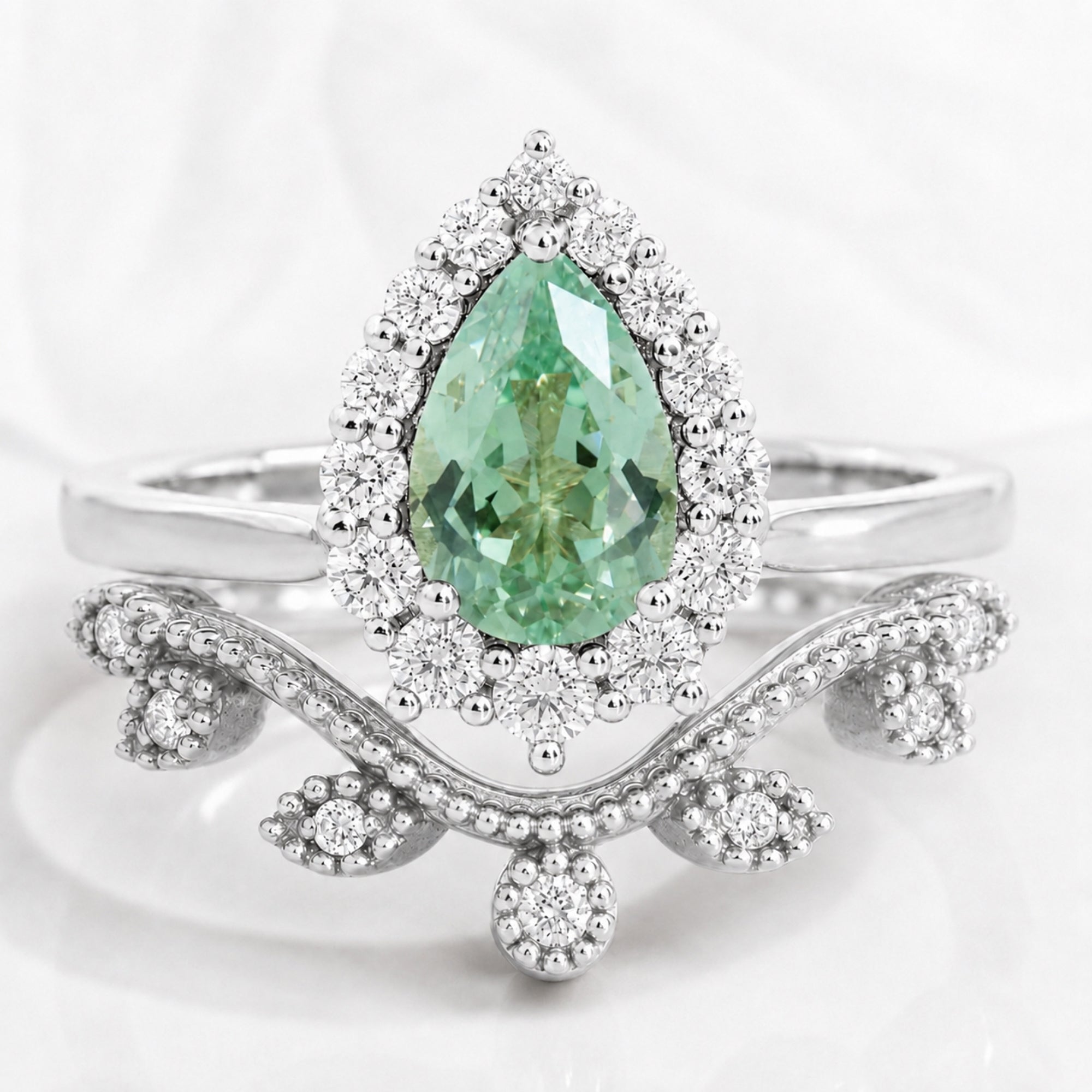Pear green sapphire halo engagement ring bridal set and natural inspired curved diamond wedding band stack la more design jewelry-WHITE GOLD